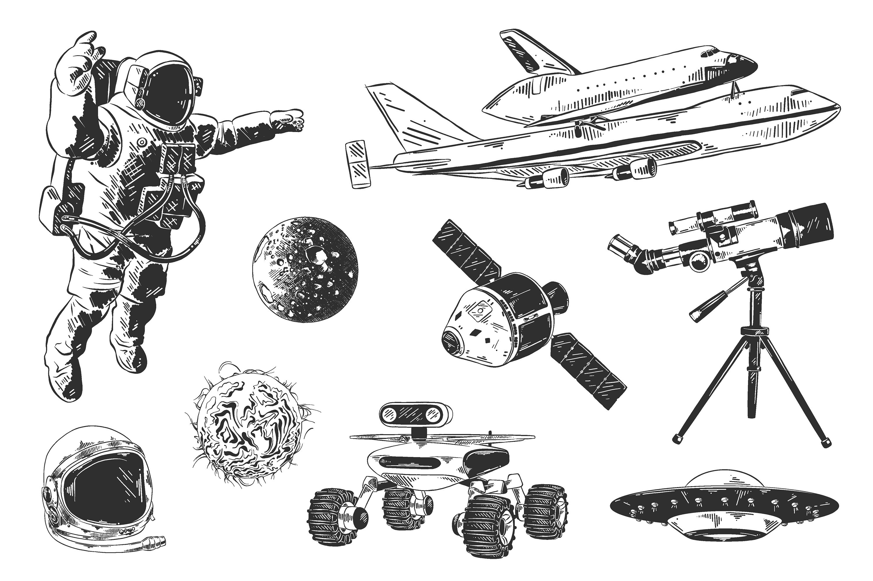 Black and white drawing of space related items.