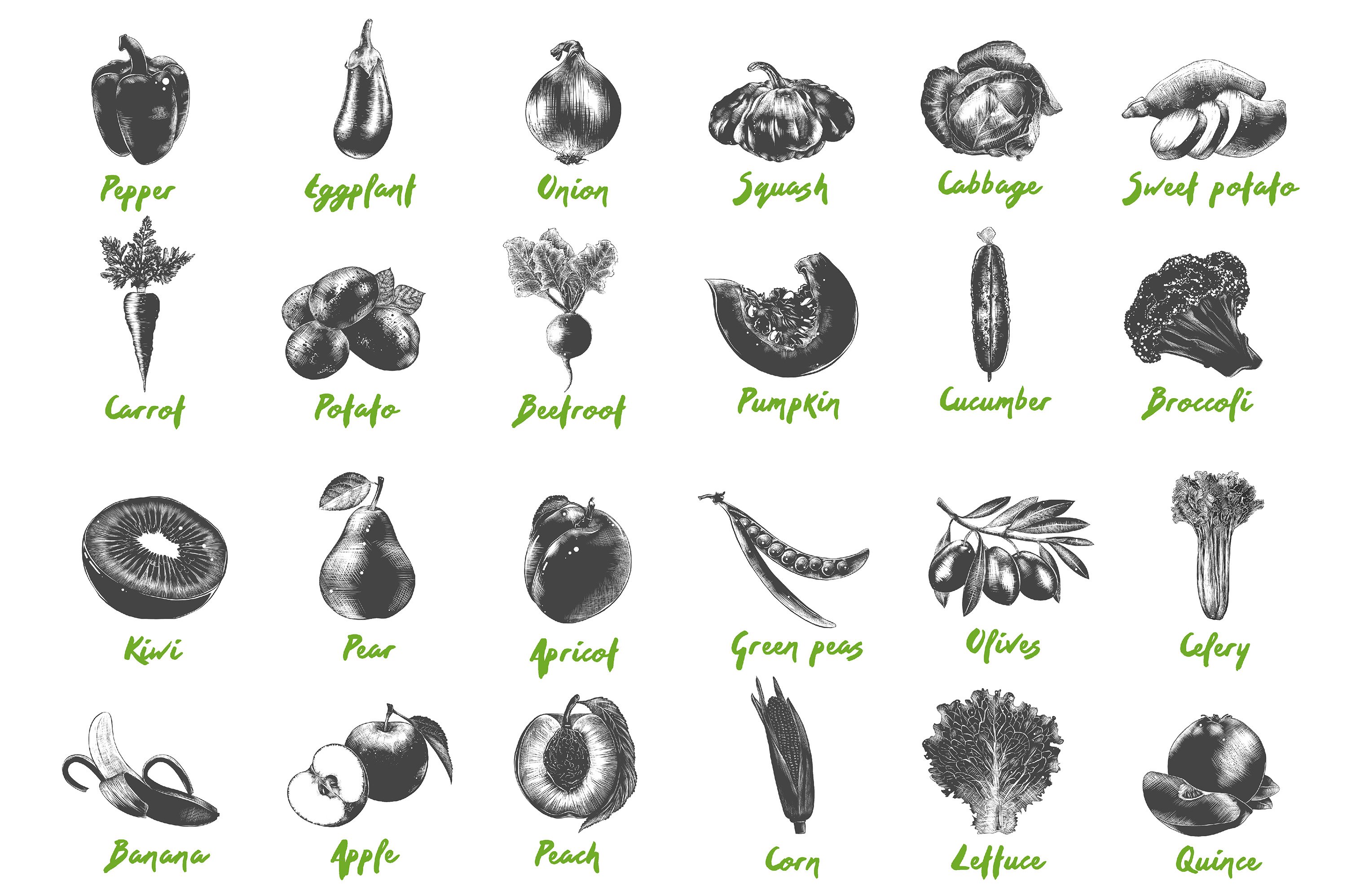 Black and white drawing of different fruits and vegetables.