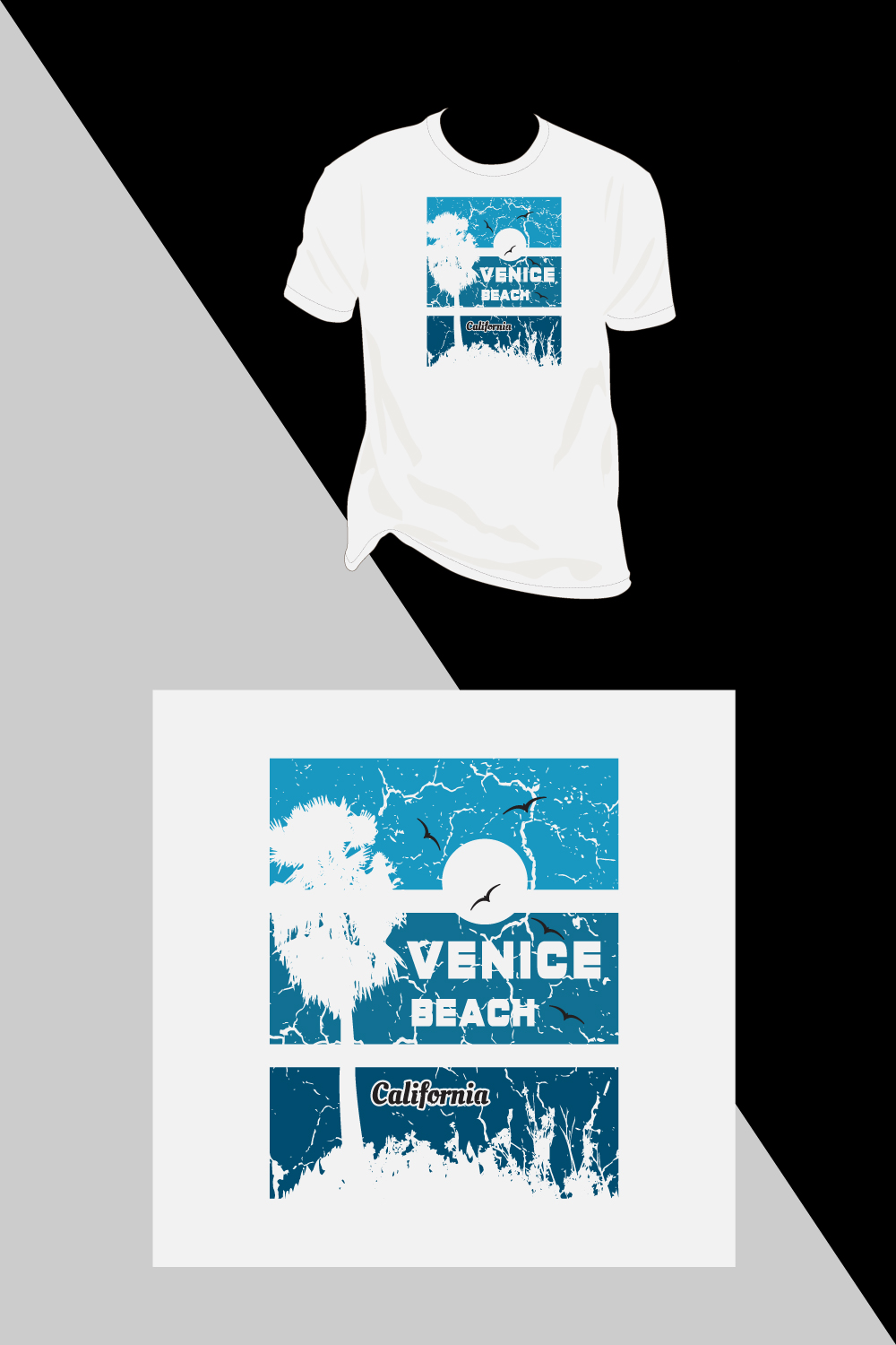 Venice beach, California Vintage Grunge Effect surfing boat, palm tree shirt design, print design, summer fashion pinterest preview image.