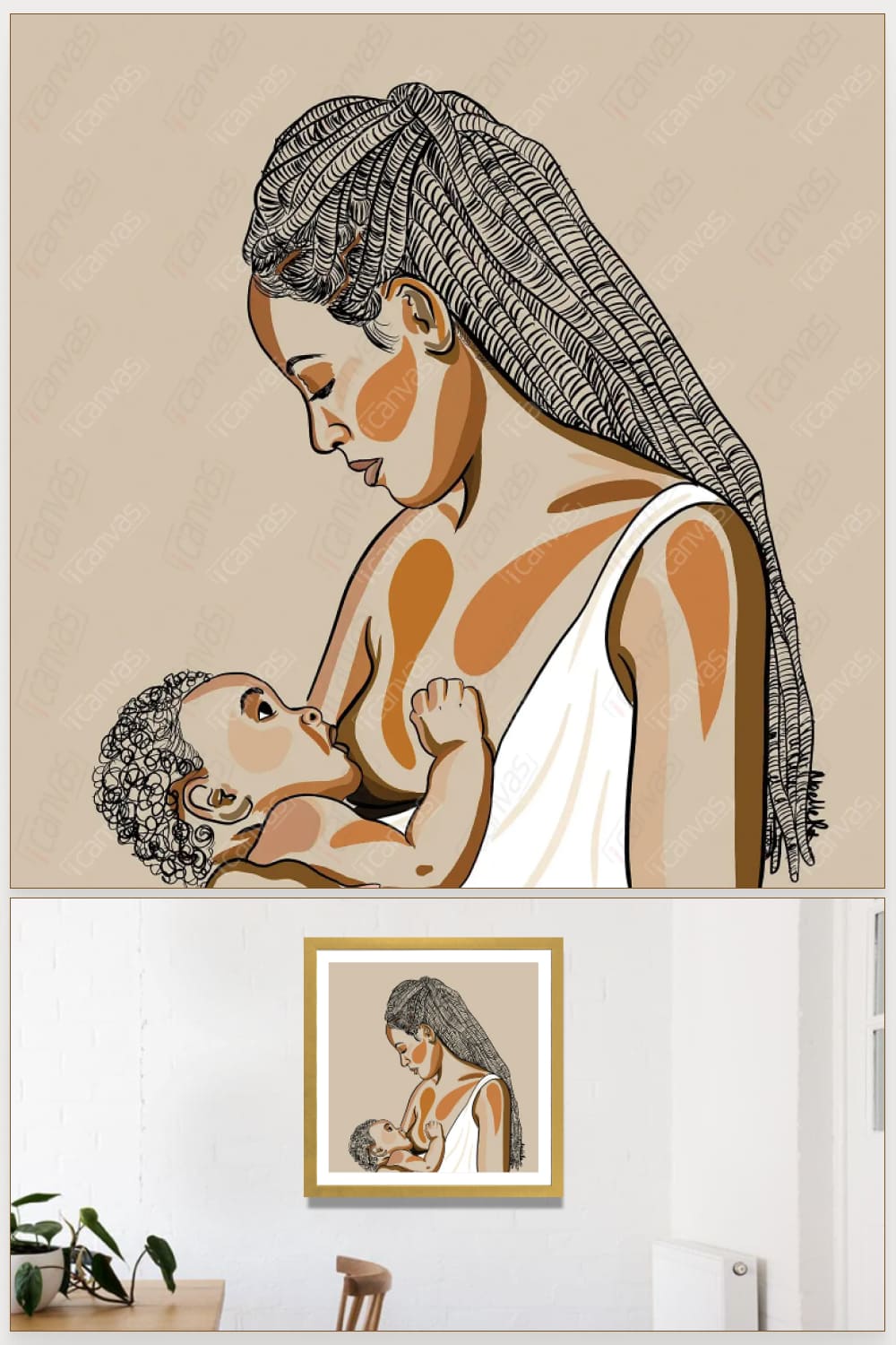 Image of a dark-skinned woman in a white tunic who is breastfeeding a baby.