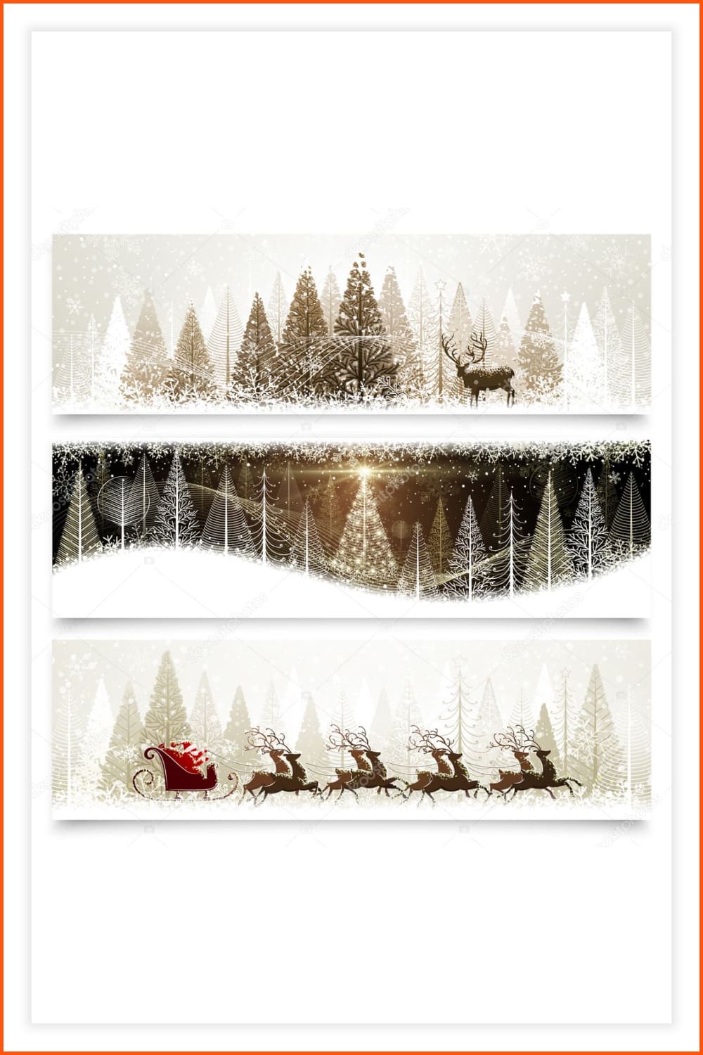 Collage of drawings of deer in the forest, fir forest and Santa Claus team.