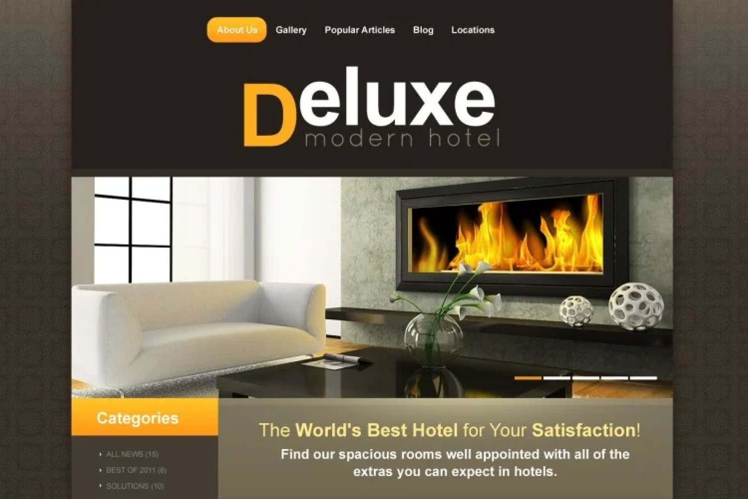 Hotel website home page with photo of lobby with fireplace.