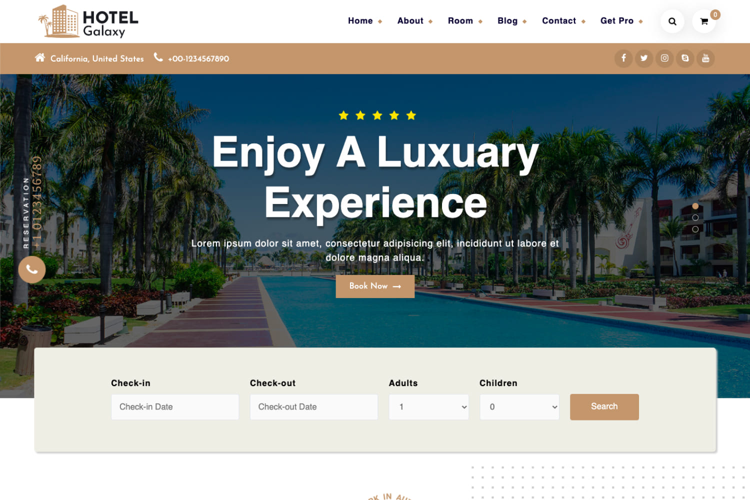 Home page of the hotel website with a photo of a large pool under palm trees and a booking block.