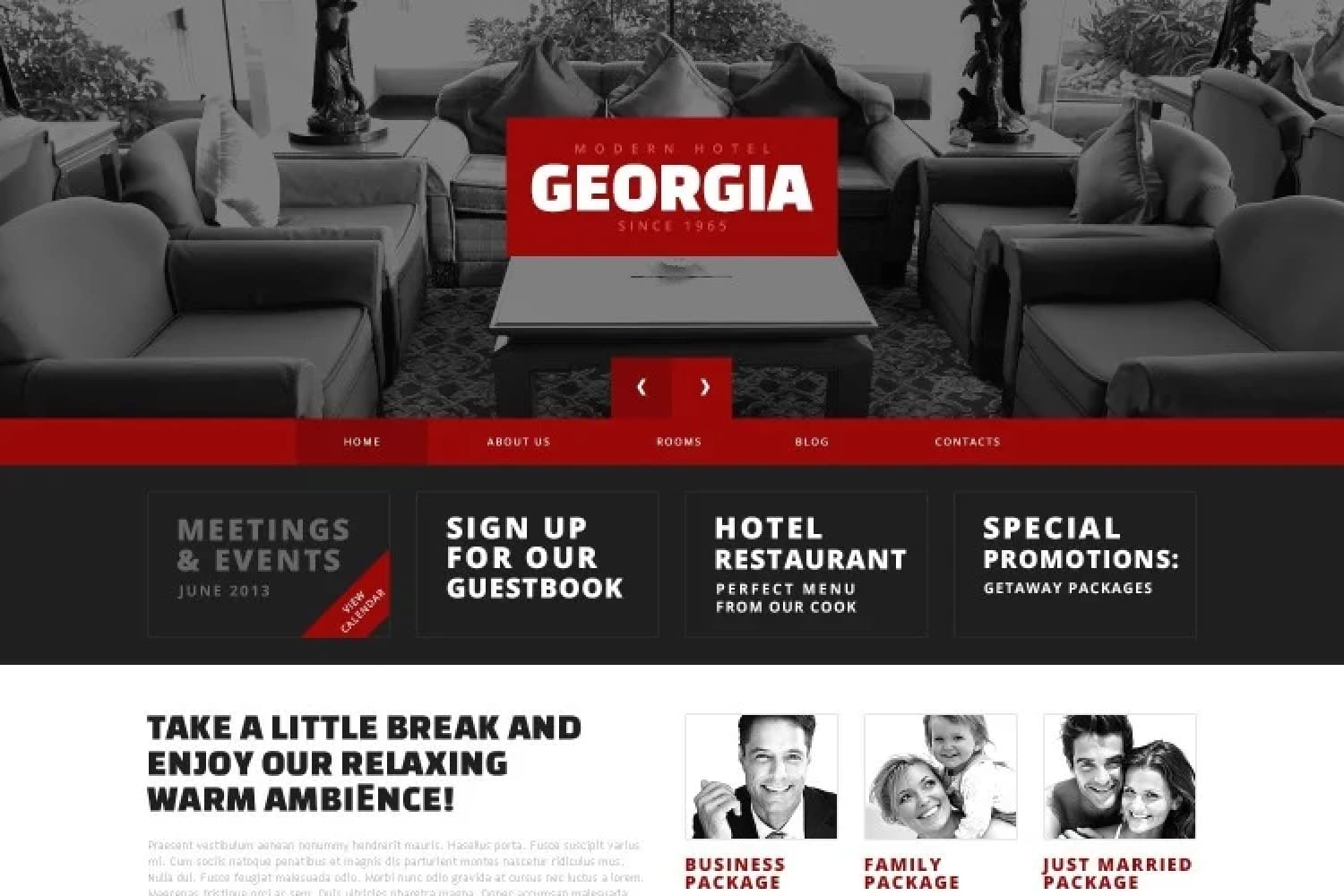 Hotel website homepage with lobby photo and black and red color scheme.