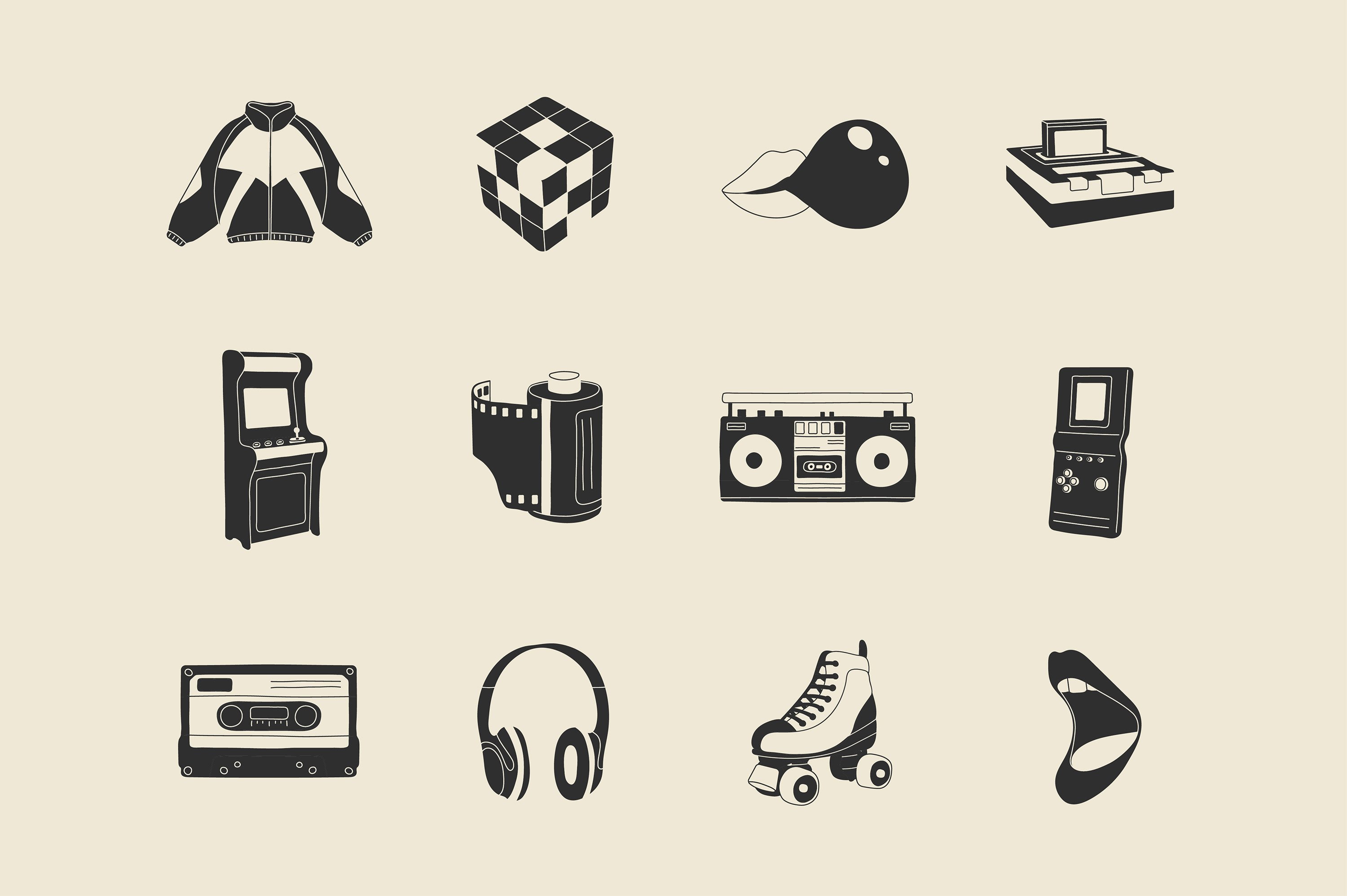 Collection of different types of objects in black and white.