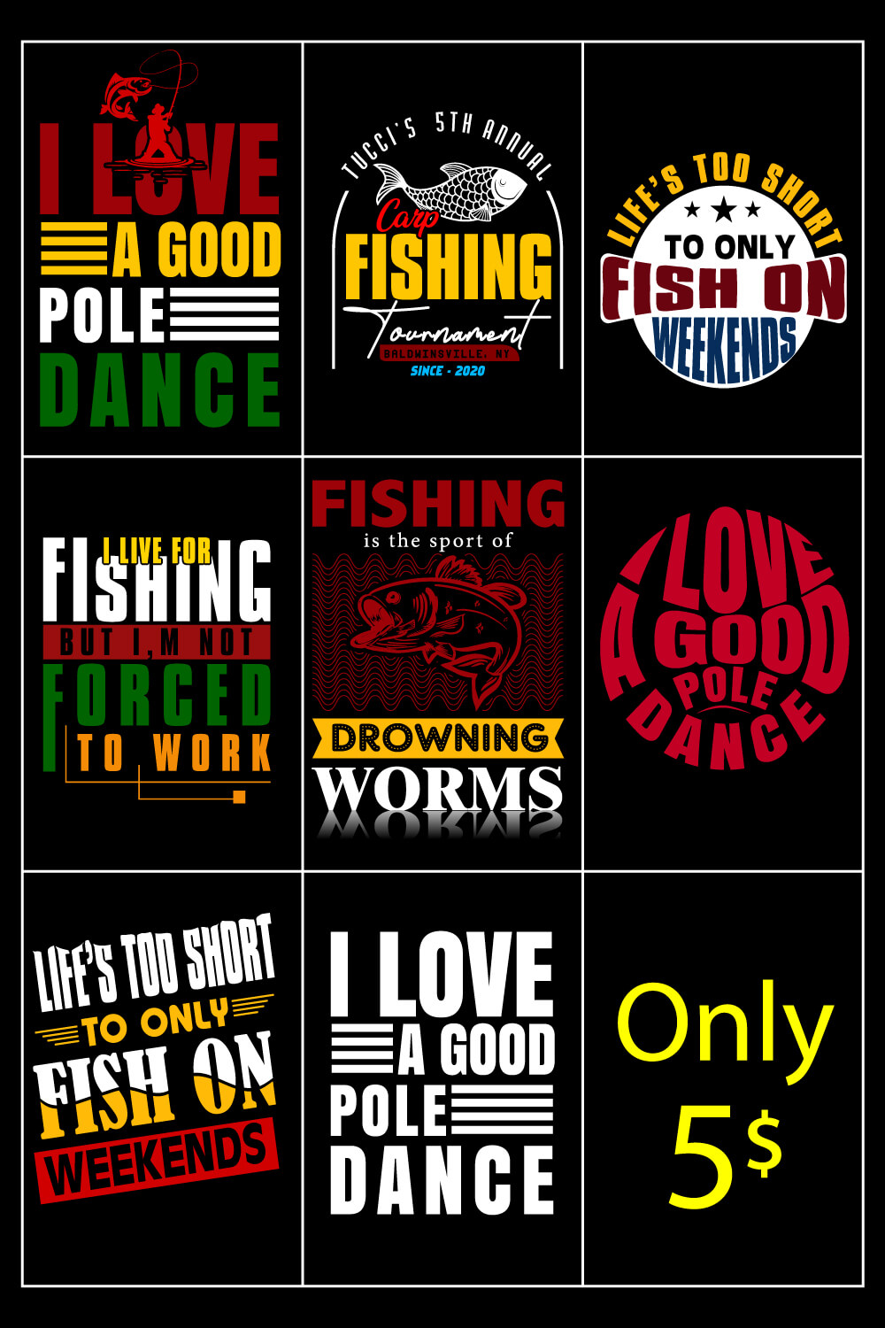 Fishing T-Shirt Bundle Design, Vector, Logo pinterest preview image.
