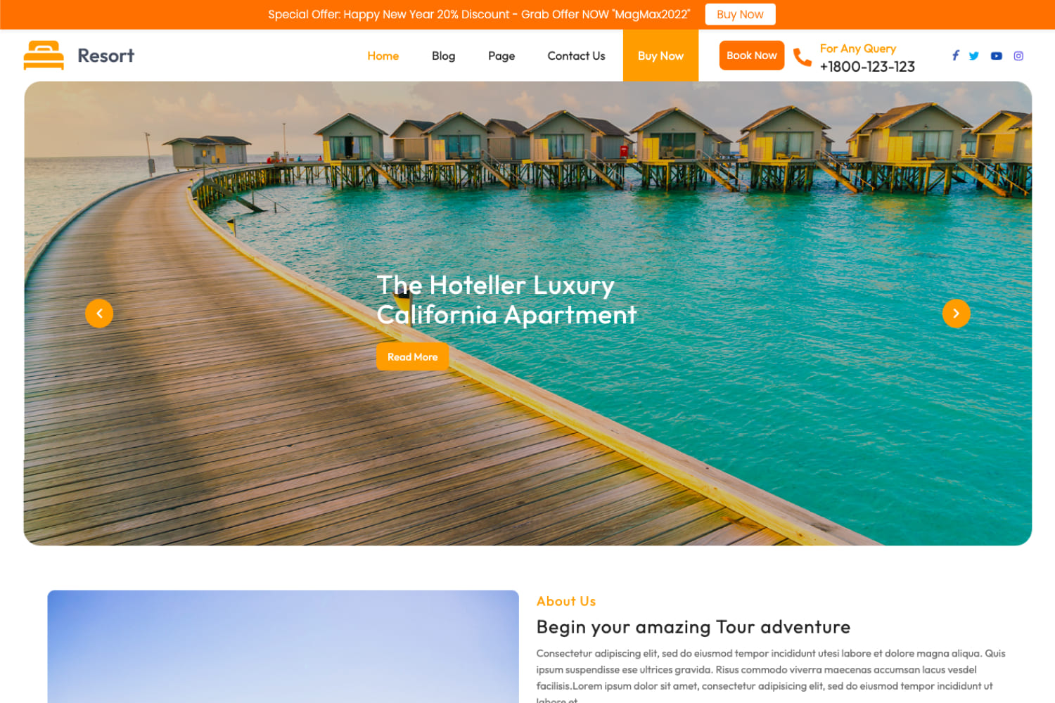 The main page of the hotel website with a photo of houses in the sea.