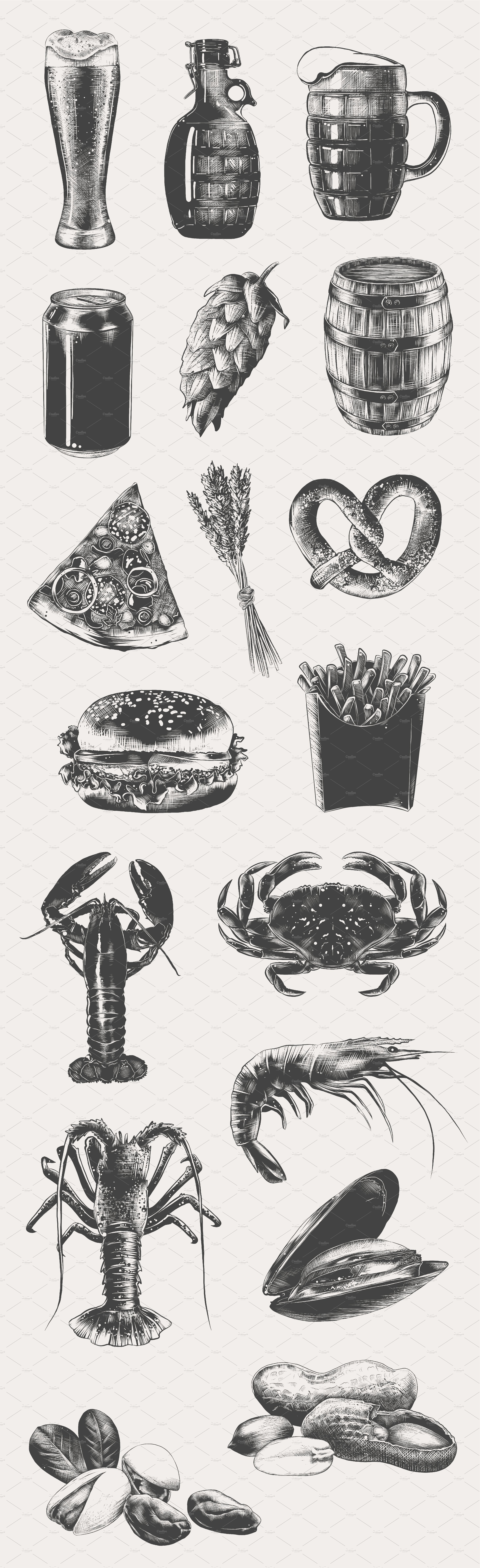 A black and white drawing of food and drinks.