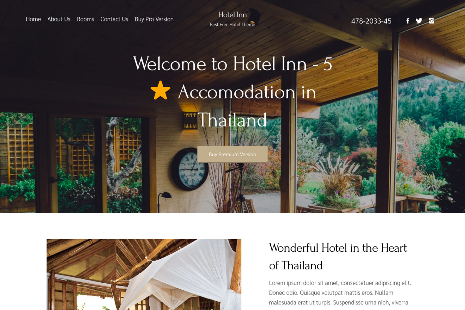 The main page of the hotel website with a photo of the hotel in the forest and a description.