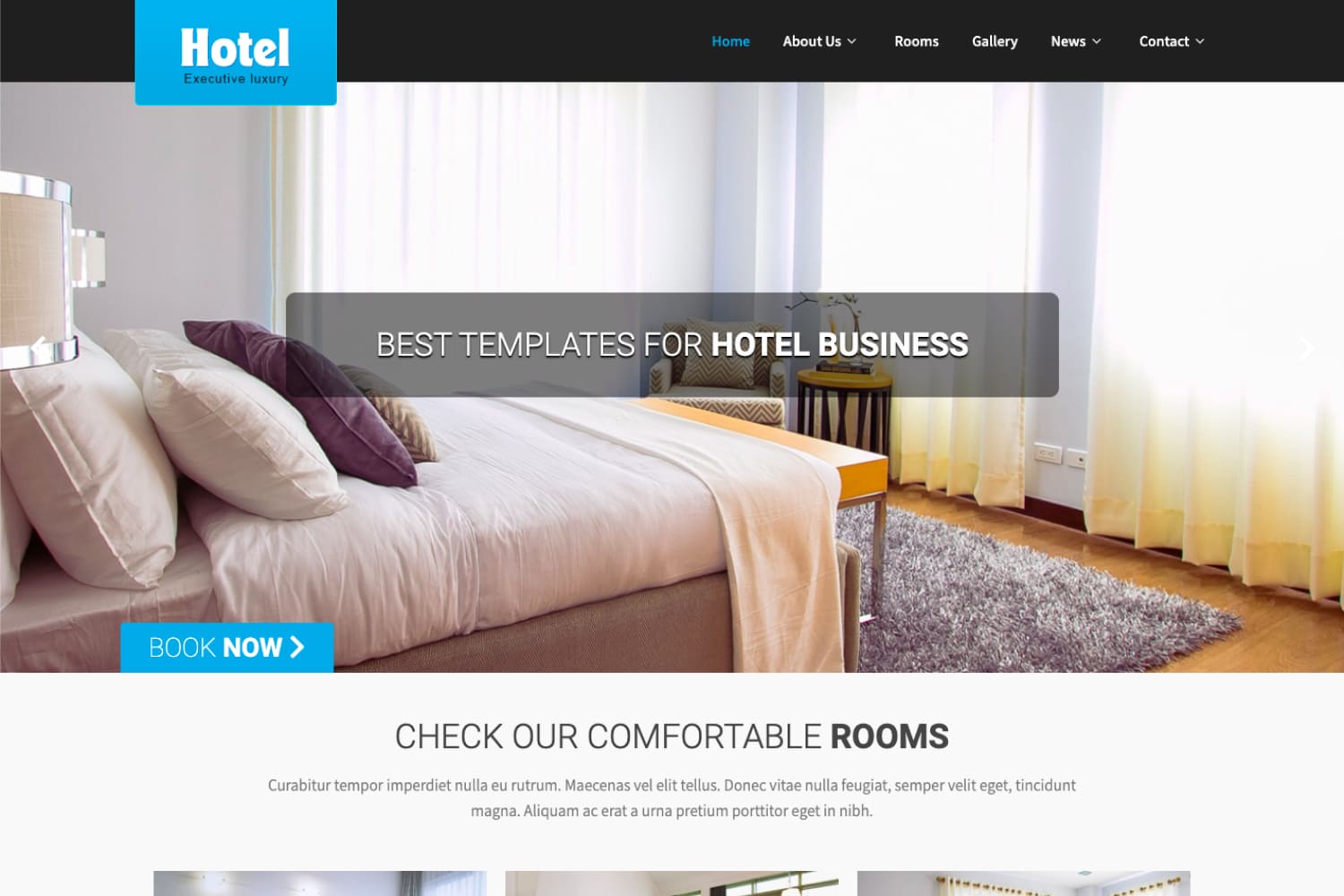 The main page of the hotel website with a photo of the room and a block of room descriptions.