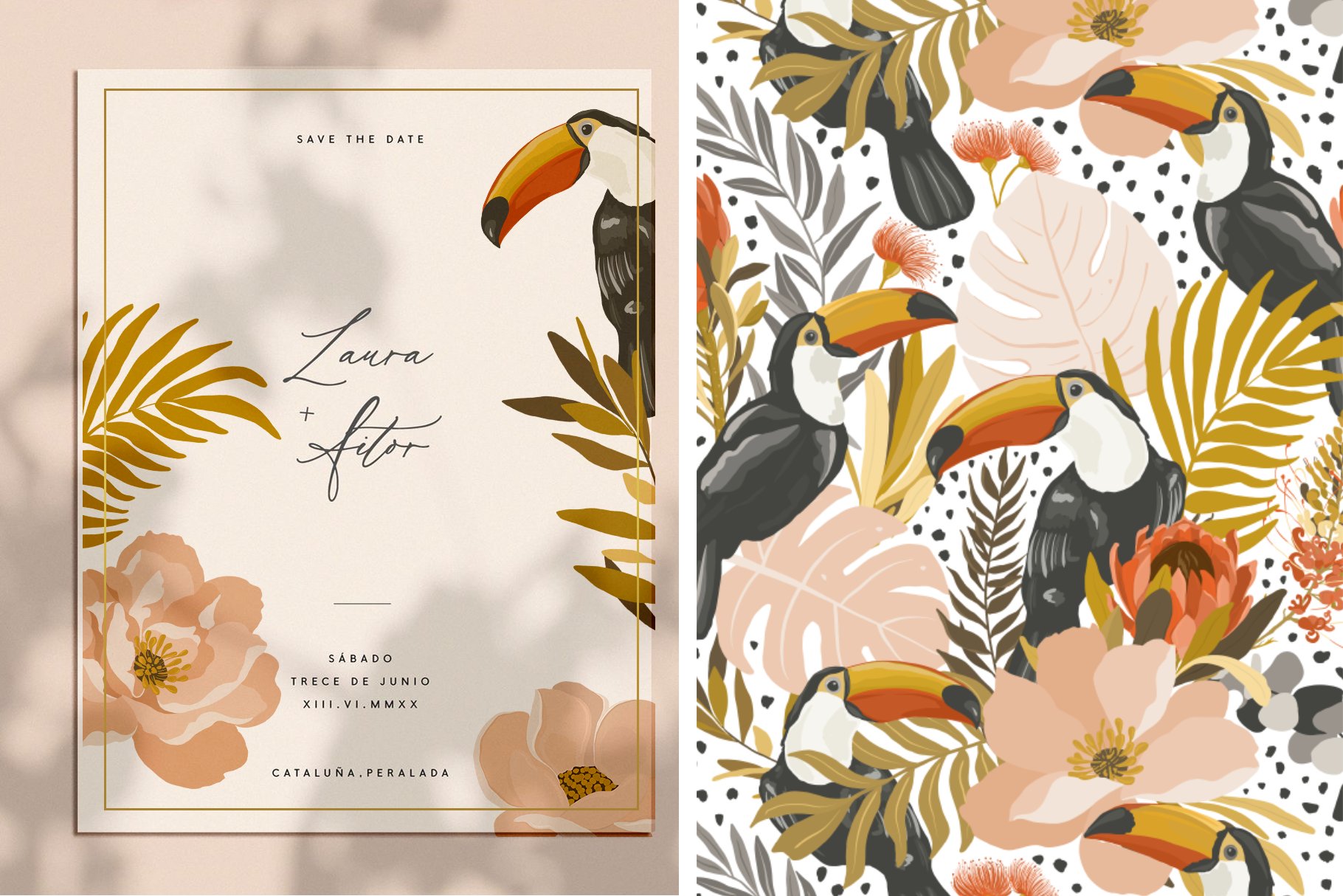 Wedding card with tropical flowers and toucans.