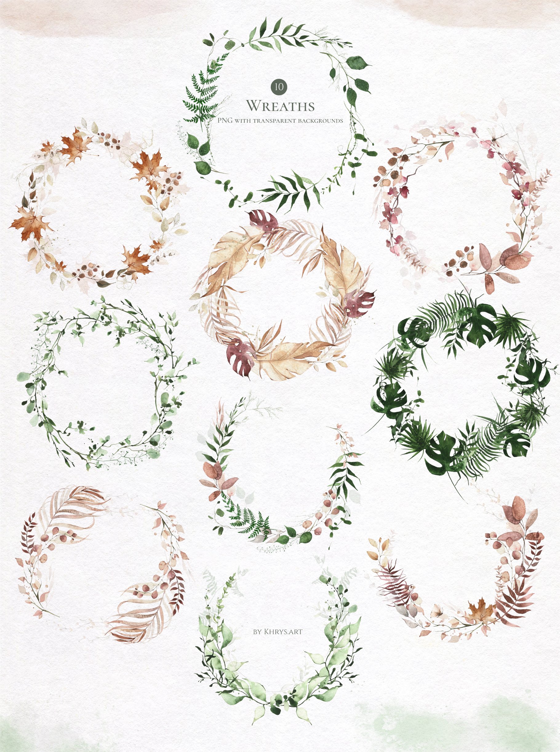 Bunch of watercolor wreaths on a white background.