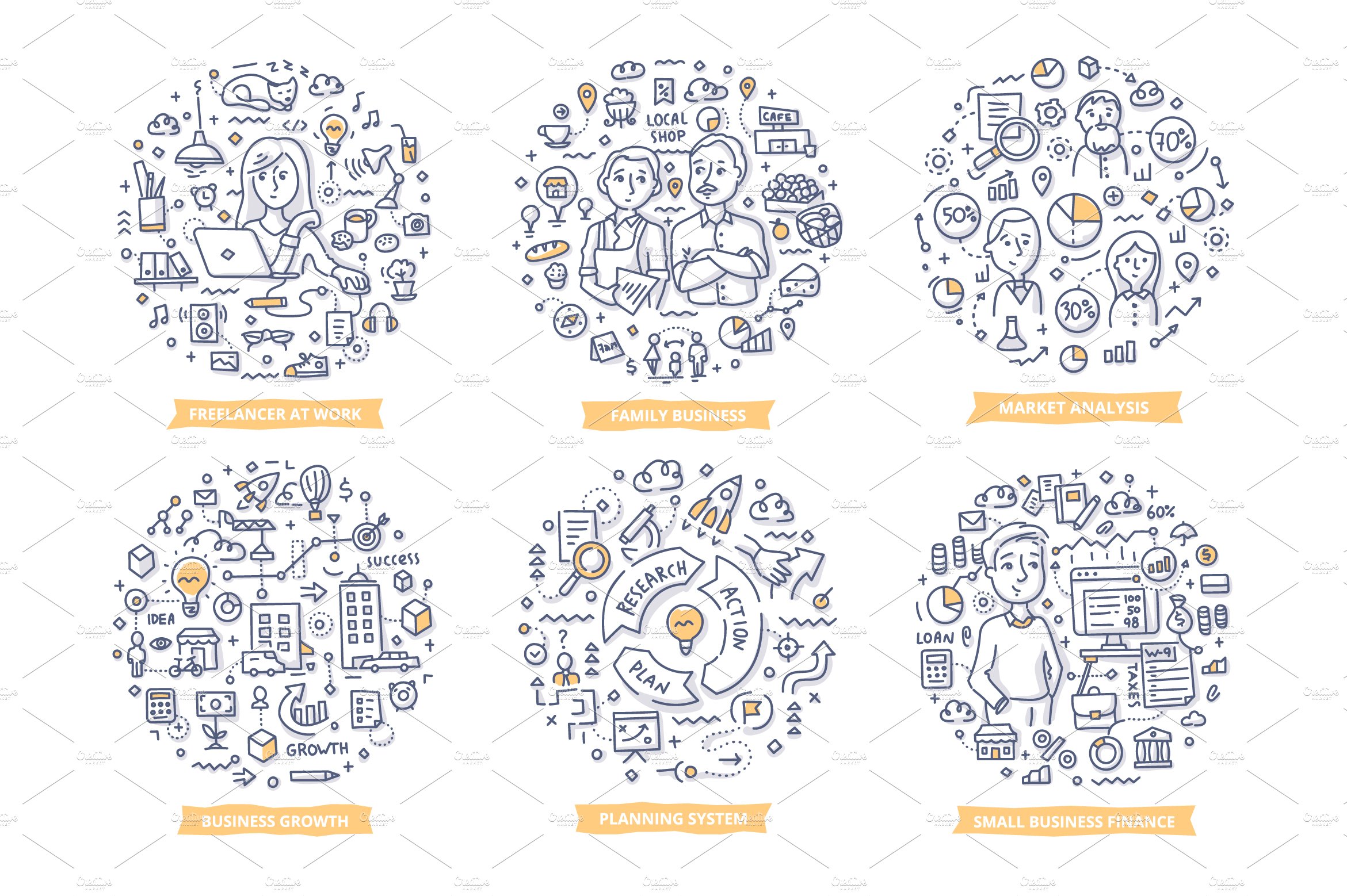 A set of four circular icons with different types of people.