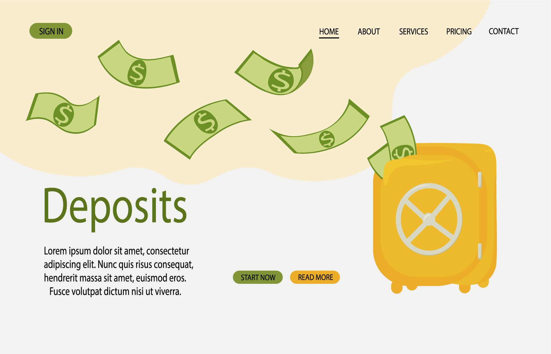 A screen shot of a web page with money coming out of a suitcase.