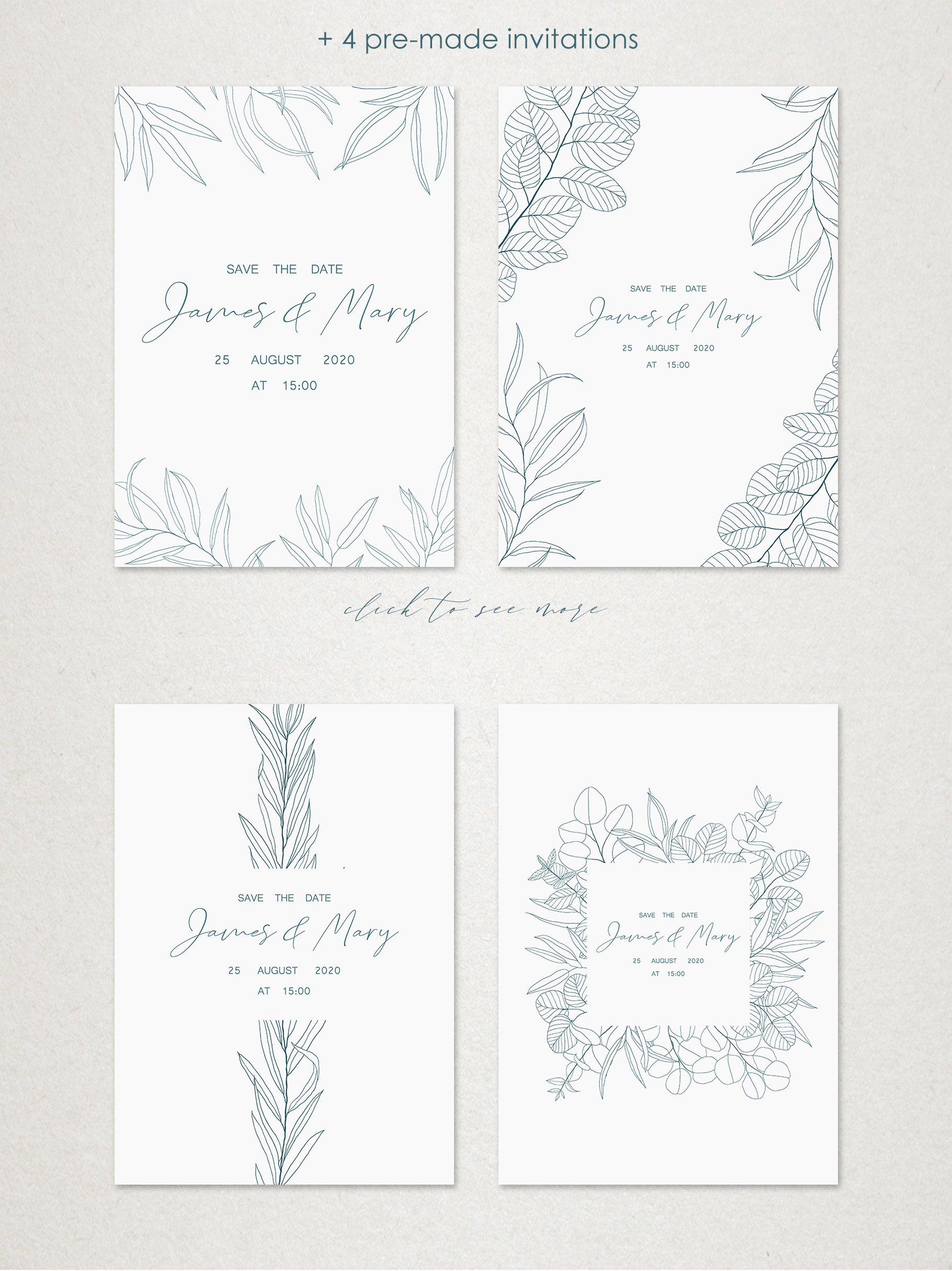 Set of four wedding cards with a floral design.