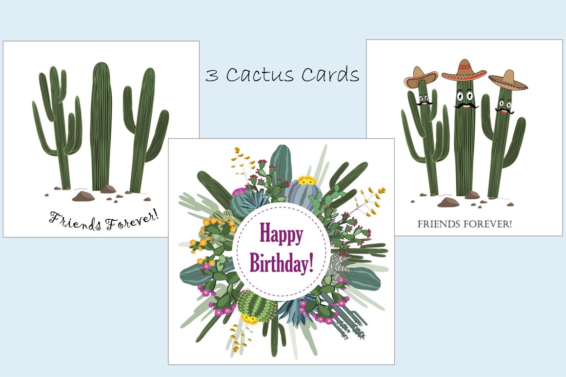 Three cactus cards with the words happy birthday.