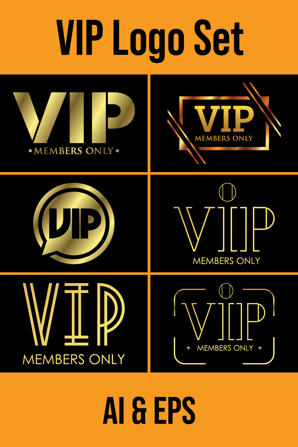 VIP members-only elegant emblem design template Golden vector illustration on black background pinterest preview image.