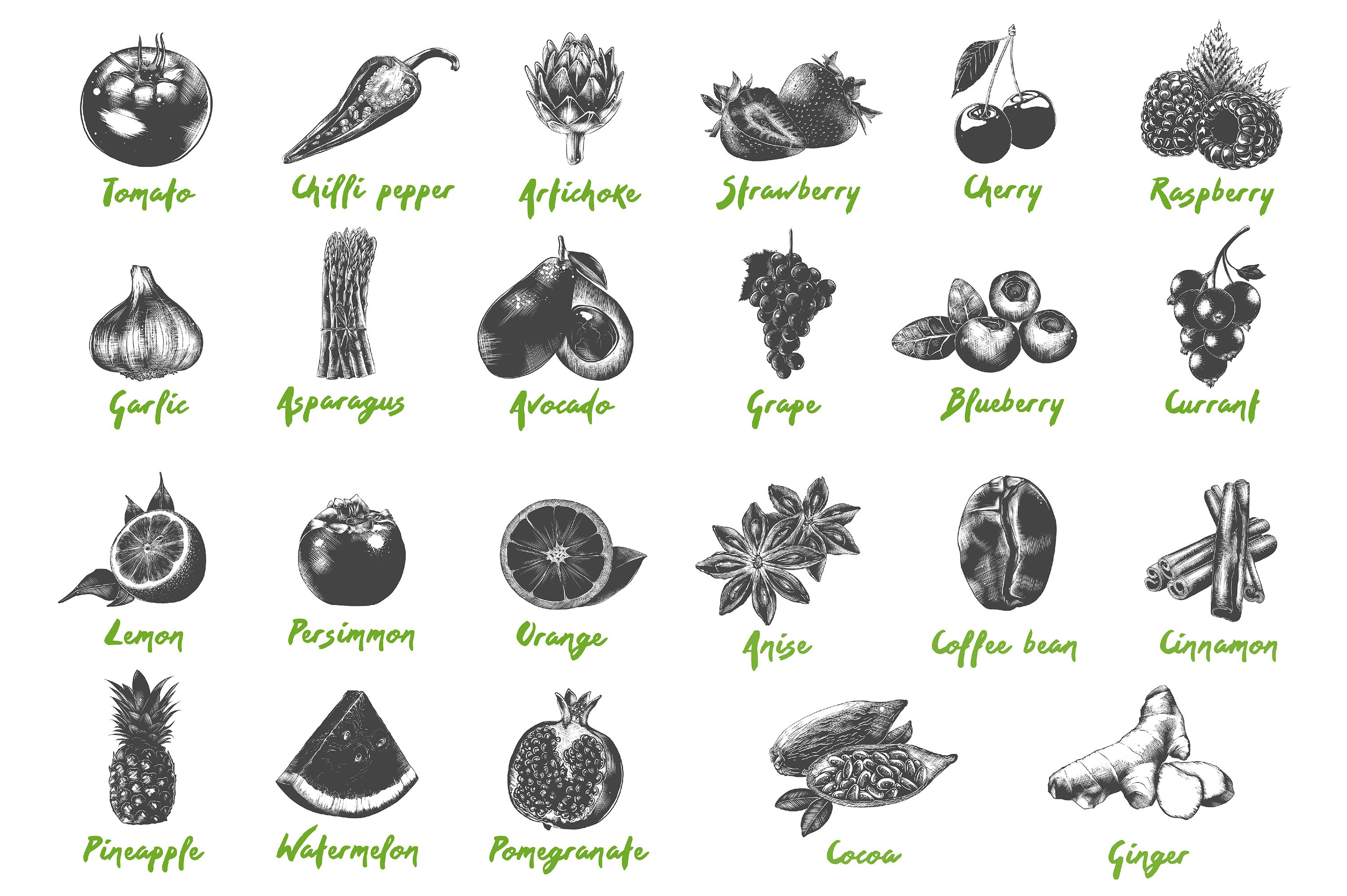 Black and white drawing of different fruits and vegetables.