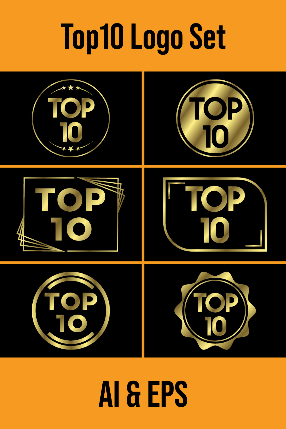 Top ten ranking and best of the best rank Top 10 golden signs for music videos or other content, Vector illustration pinterest preview image.