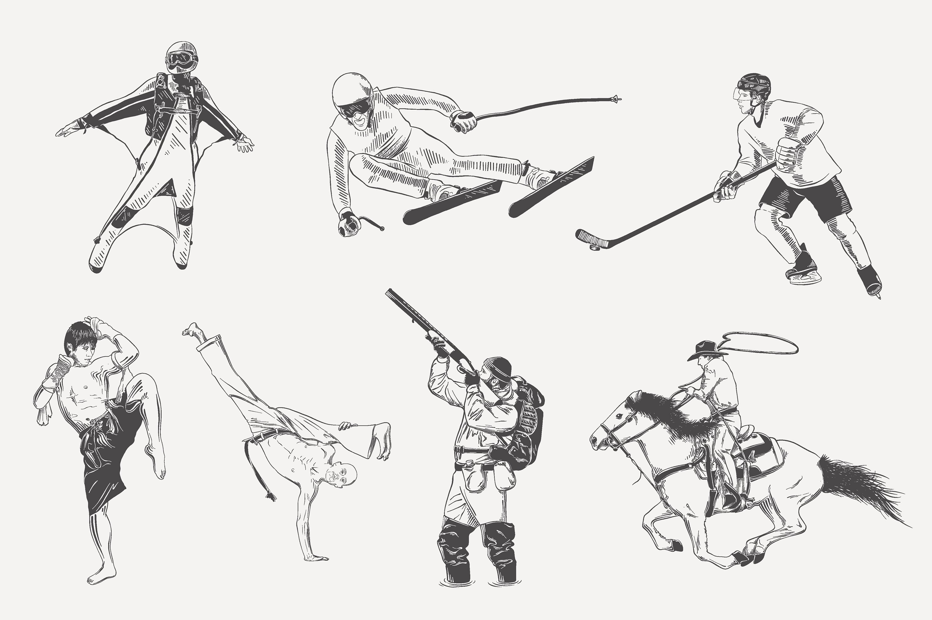 Black and white drawing of people doing different things.
