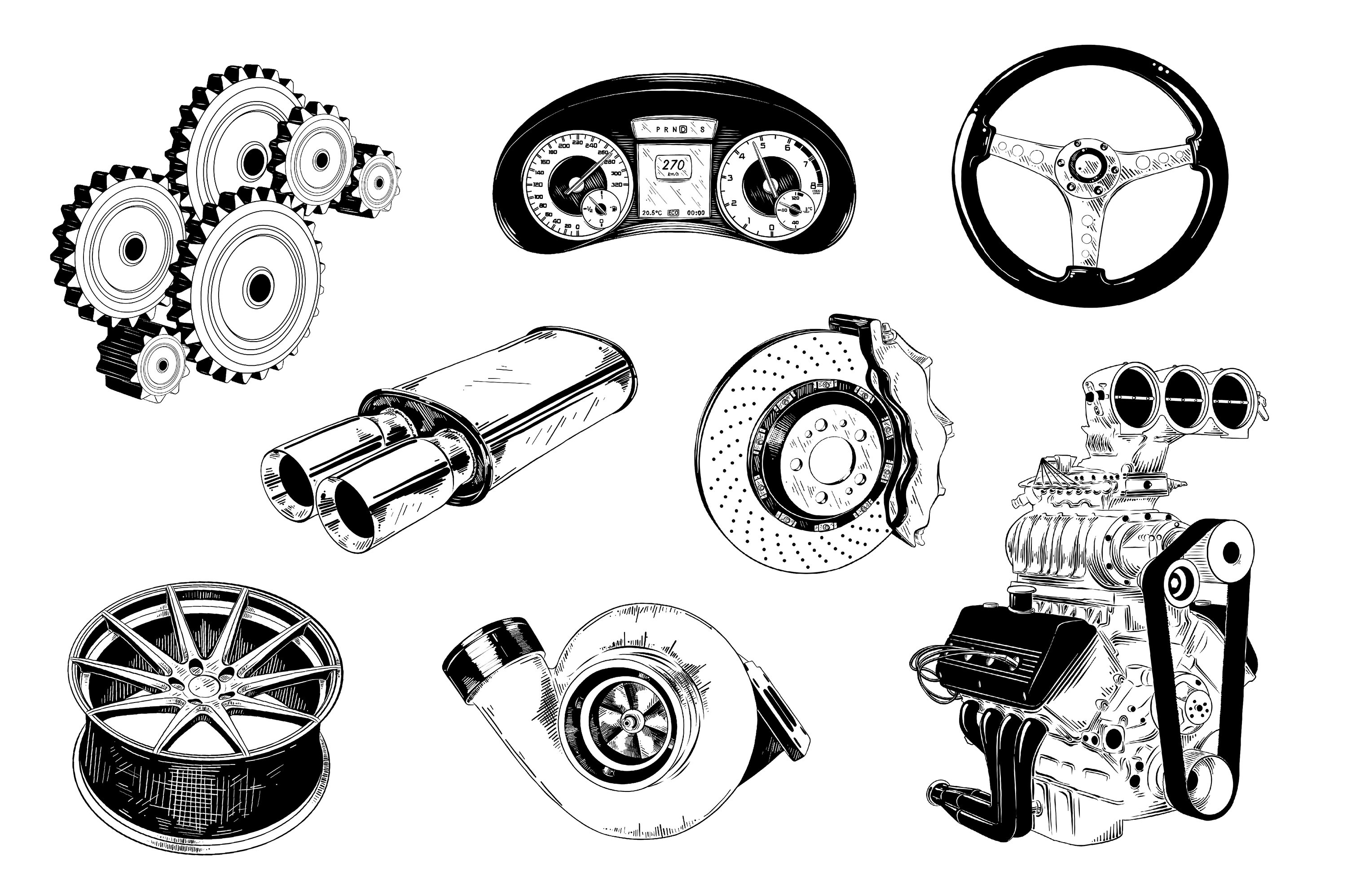 Drawing of various parts of a car.