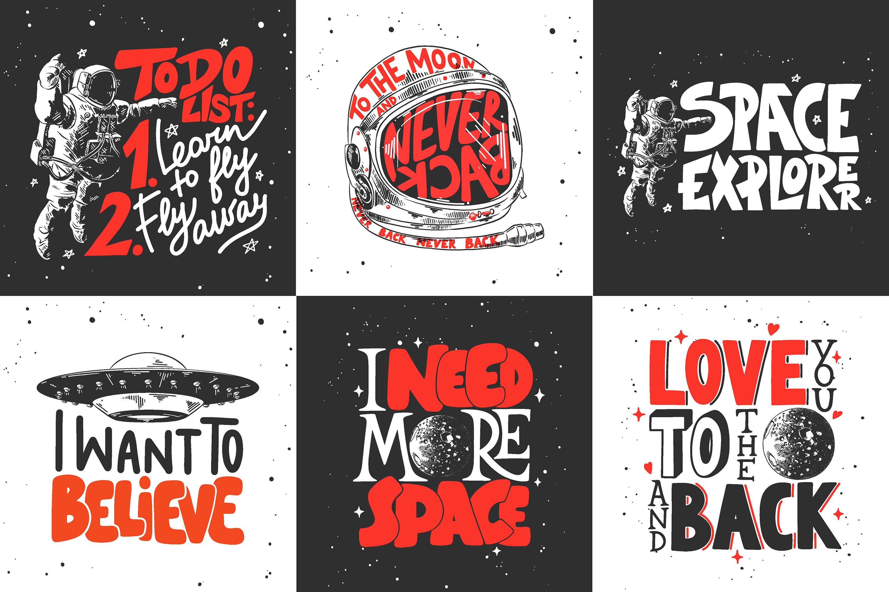 Series of four t - shirts with space related typographs.