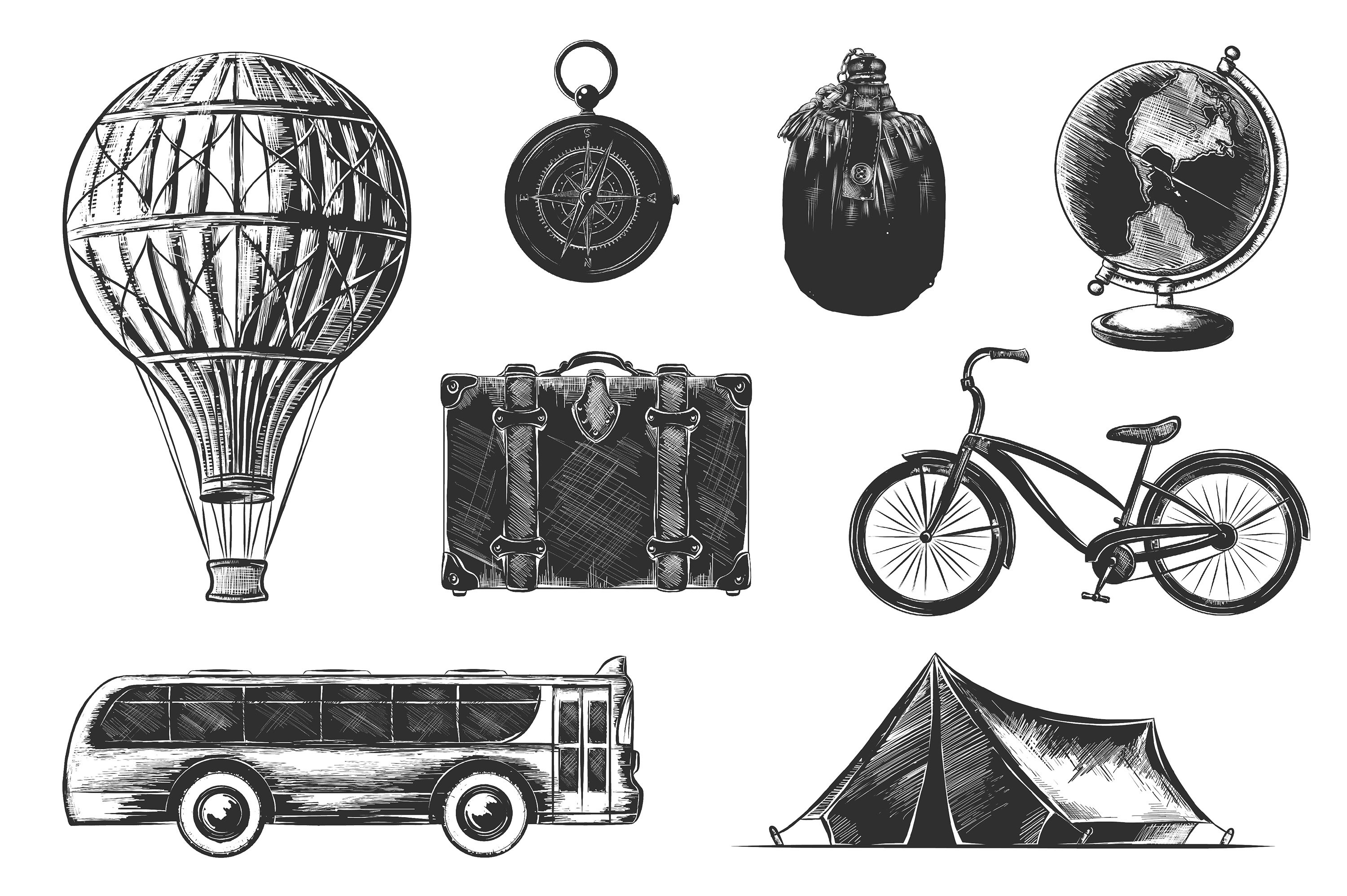 Black and white drawing of various items.