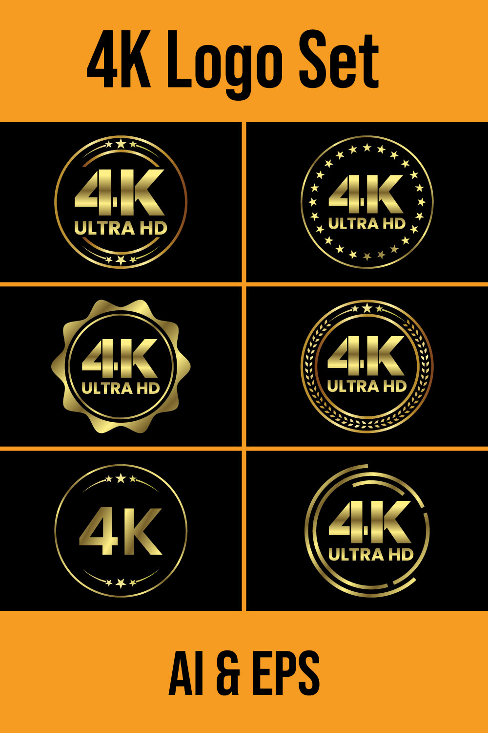 Golden 4K Ultra HD Video Resolution Icon Logo, High Definition TV, Game Screen Monitor Display Label, 4K Ultra HD Label Web Button pinterest preview image.