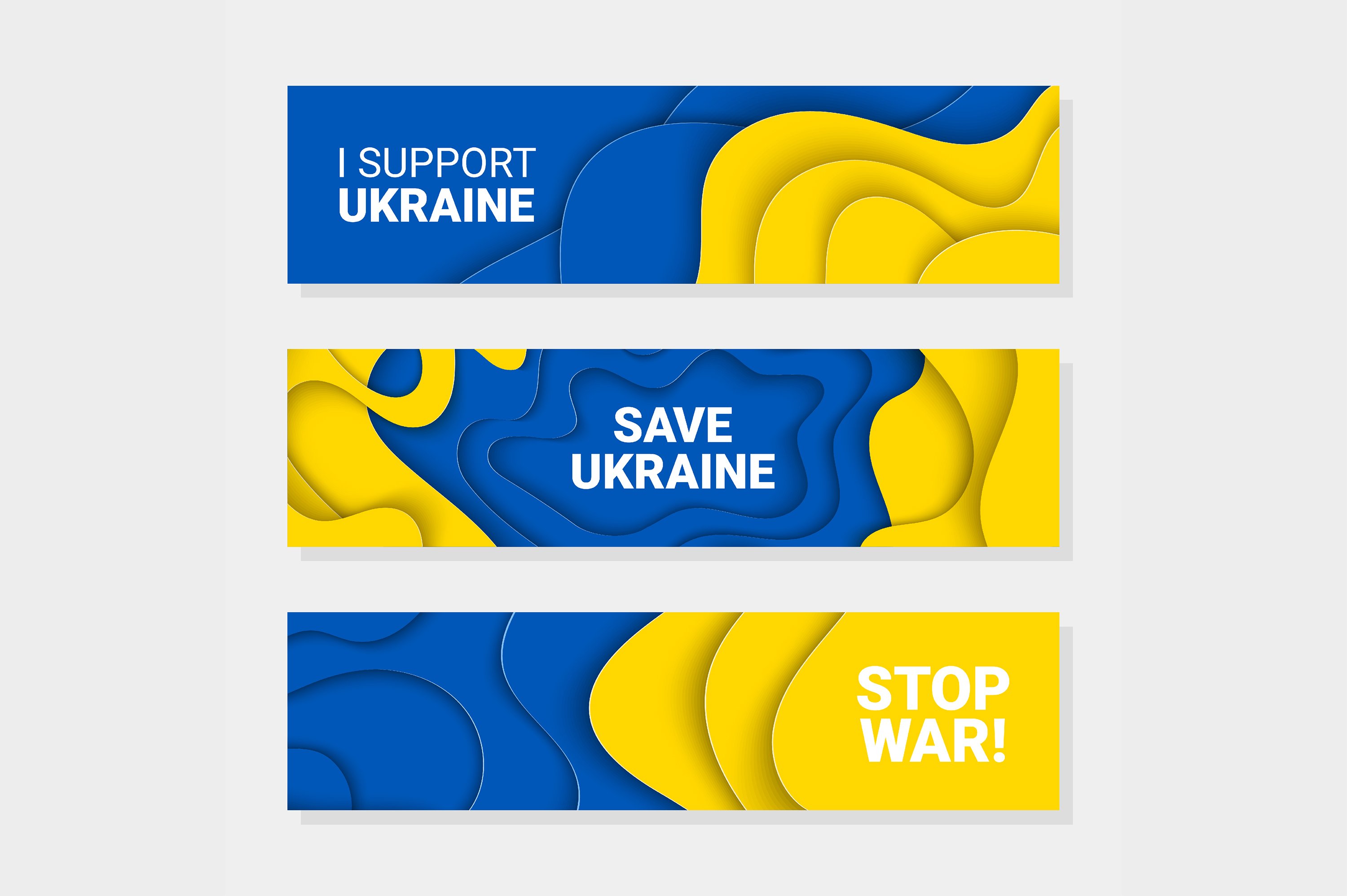 Set of three banners with a blue and yellow background.