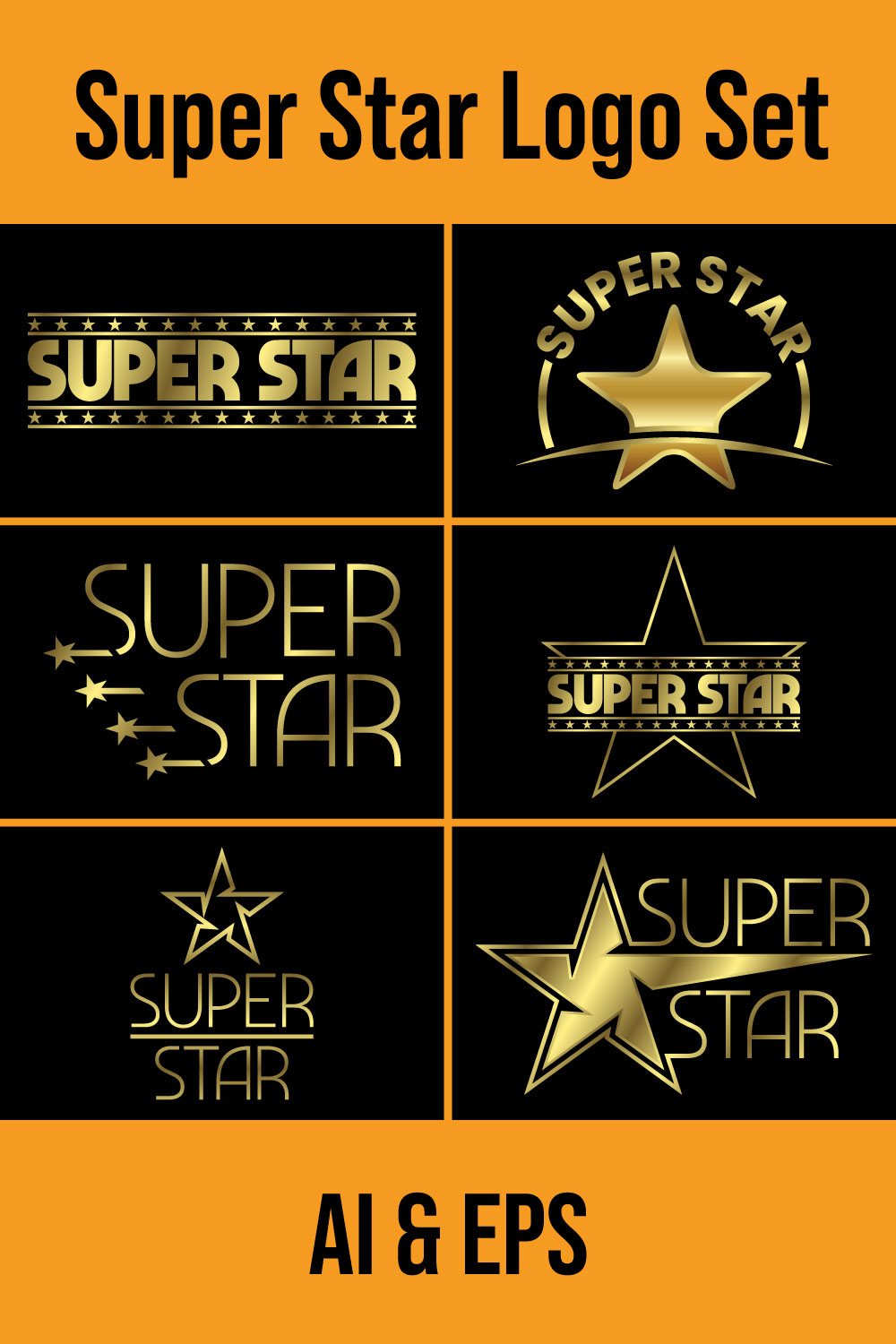 Golden Super Star Text Logo Sign Symbol Vector illustration graphic element on the dark background pinterest preview image.