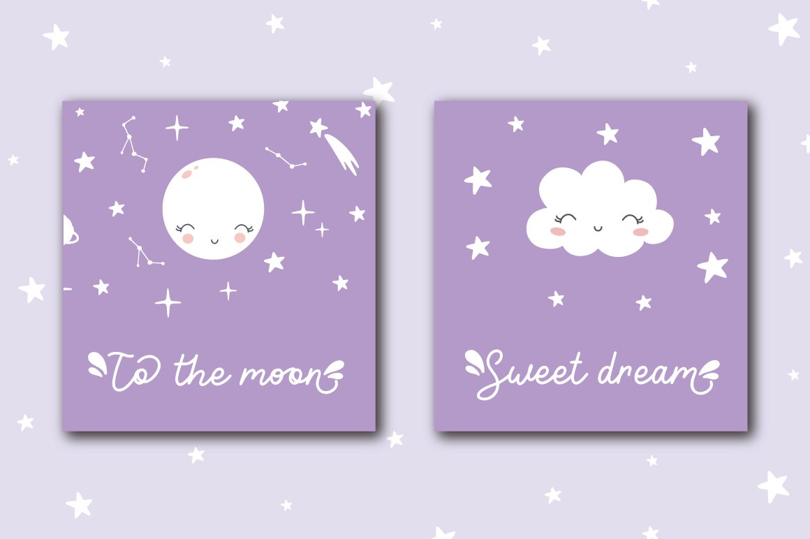 4 cute purple card with moon cloud star cluster and happy faces 870