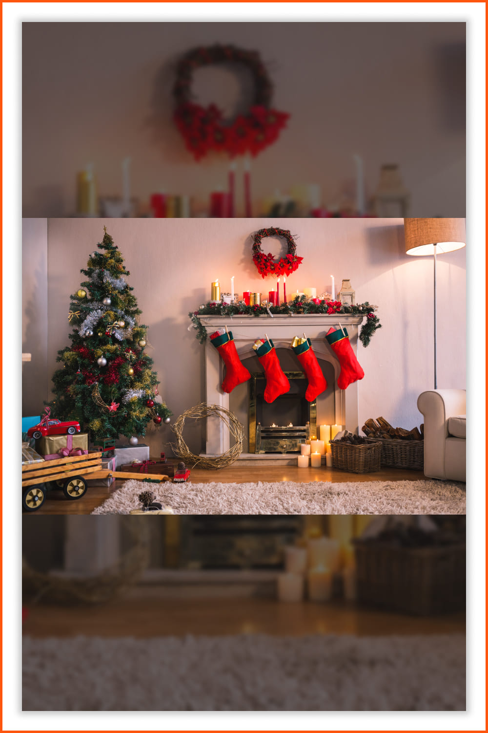 Photo of a room with a fireplace, a Christmas tree and decor.