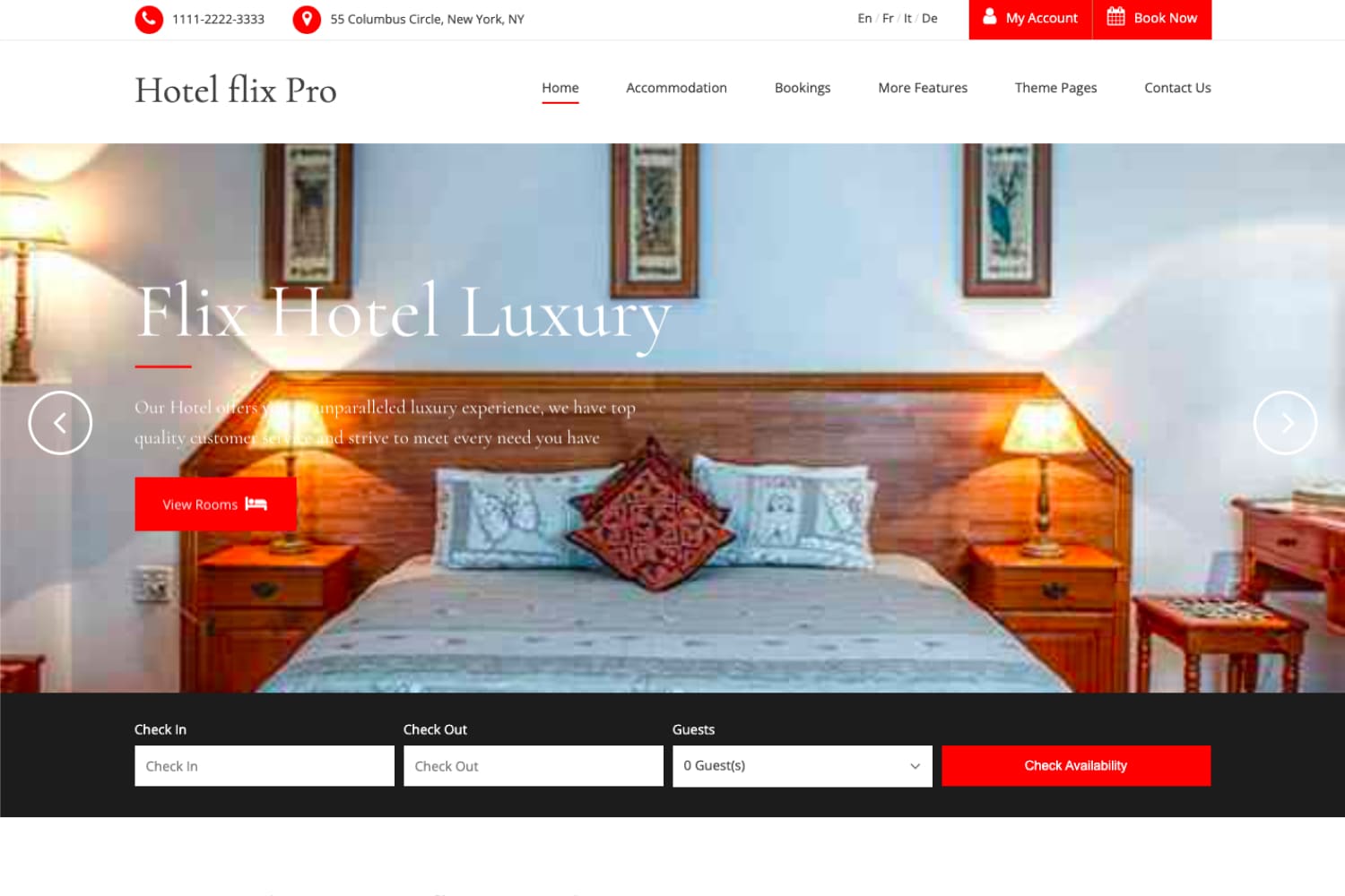 Home page of the hotel website with a photo of the bed in the room and a block for booking.