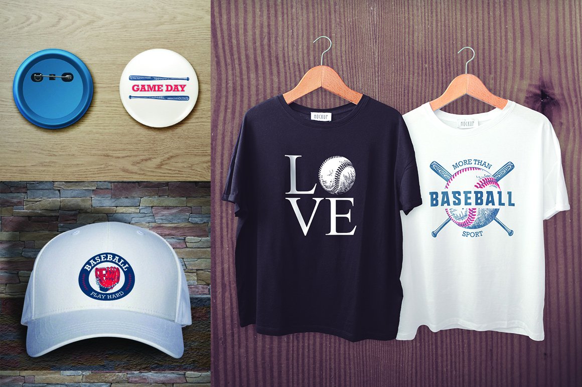 A couple of baseball shirts and hats hanging on a wall.