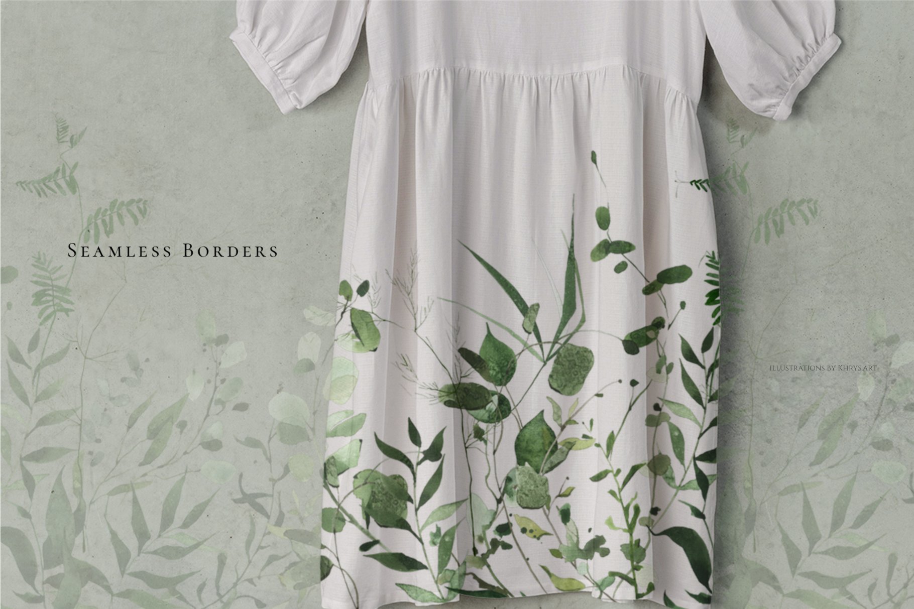 White dress with green leaves on it.