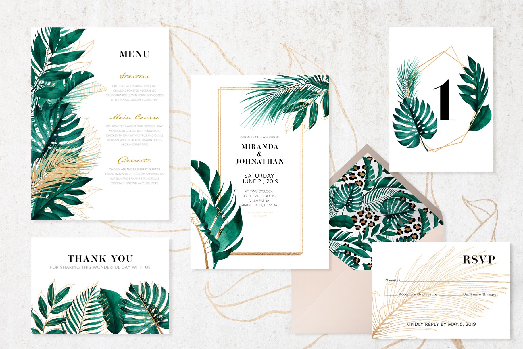 Set of wedding stationery with tropical leaves.