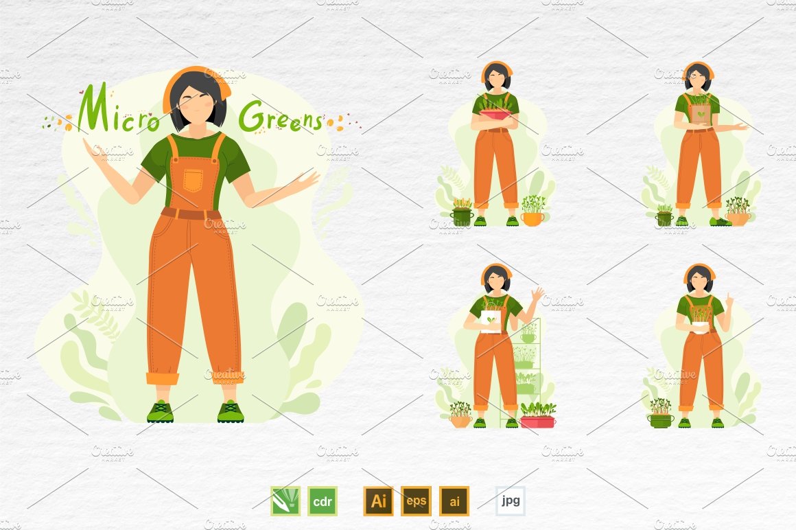 Woman in orange overalls and green shirt.