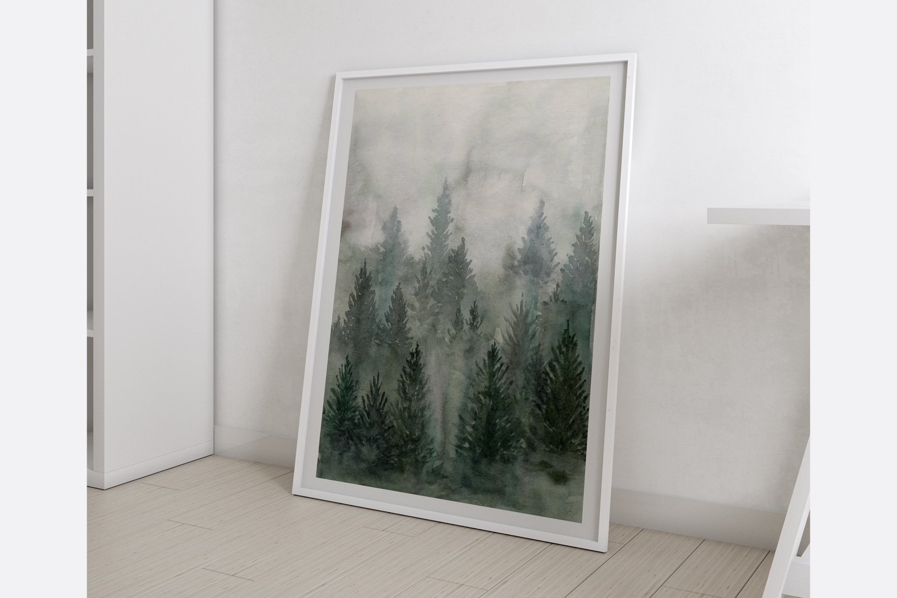 Painting of a forest in a white frame.