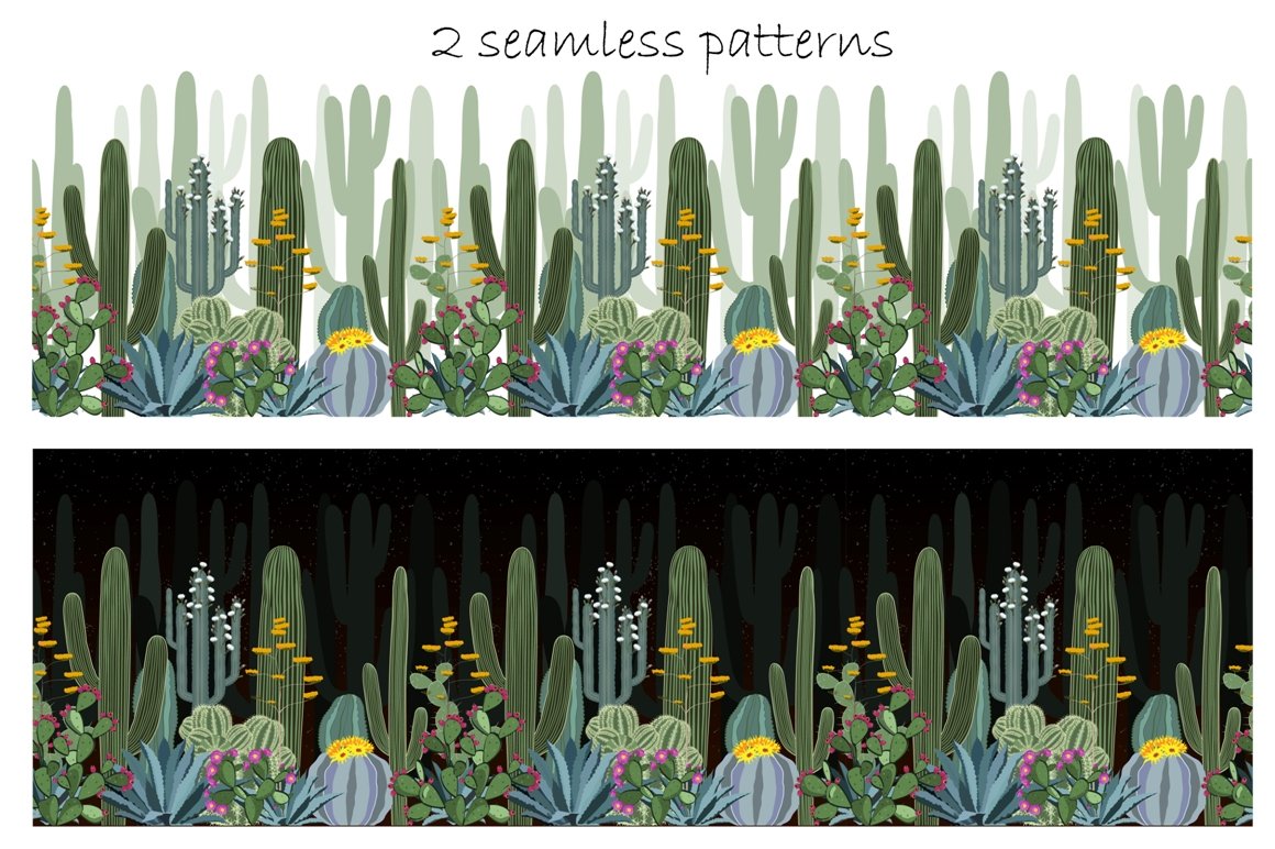 Two seamless patterns with cactus plants and flowers.