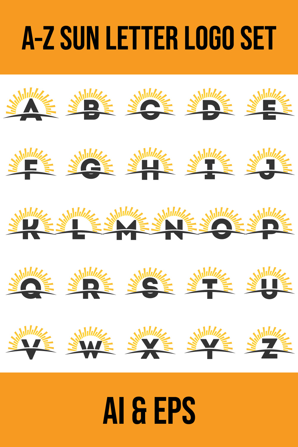 Initial A-Z monogram alphabet with the abstract sun and swoosh Sunburst logo sign symbol pinterest preview image.
