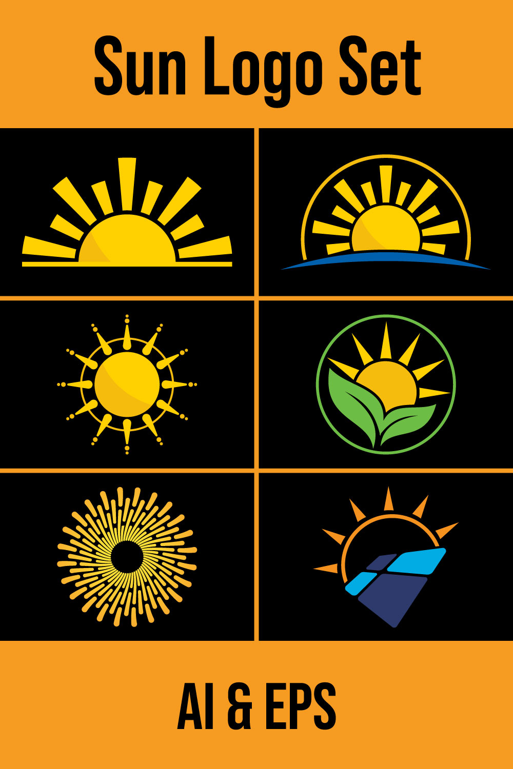 Abstract creative sun logo design, Summer Sun Logo, Sunburst icon sign symbol pinterest preview image.