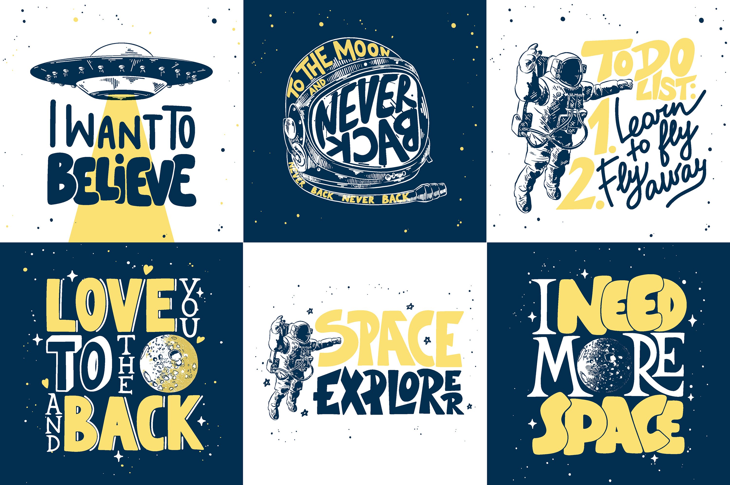Series of four t - shirts with space related typographs.