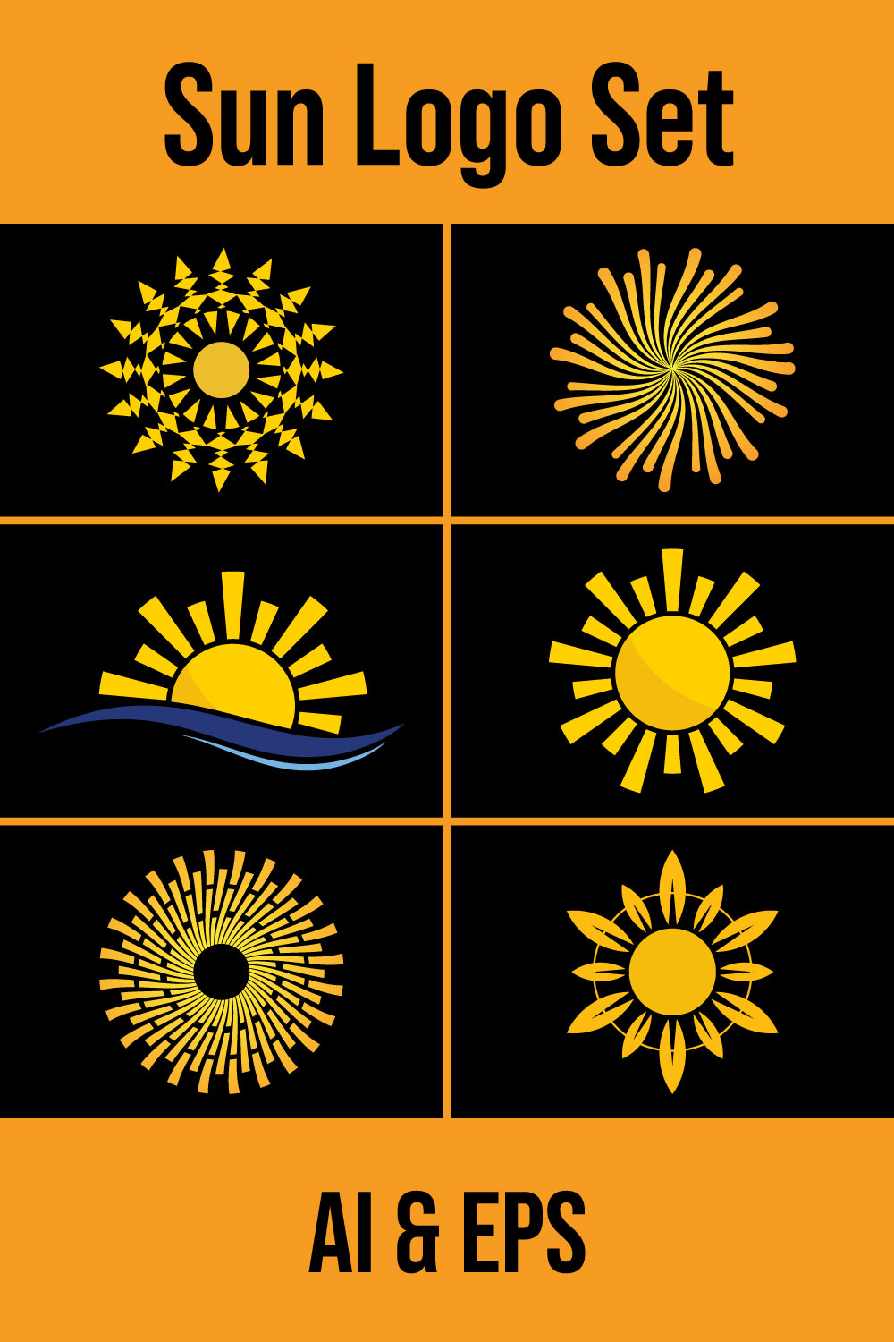Abstract creative sun logo design, Summer Sun Logo, Sunburst icon sign symbol pinterest preview image.