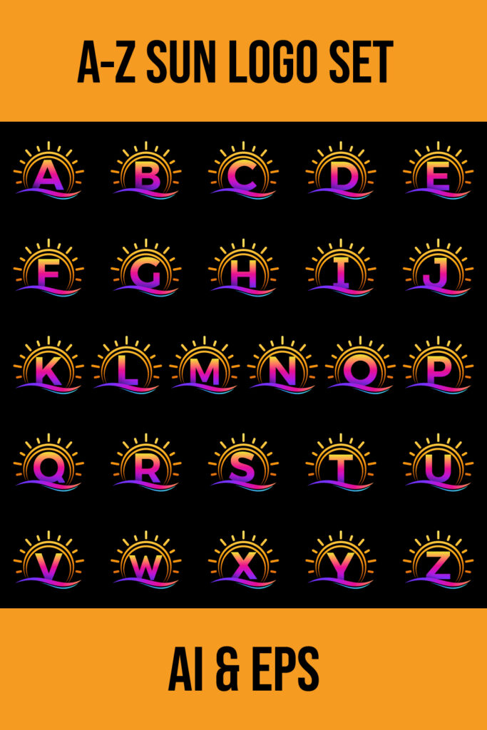 Initial A-Z monogram alphabet with abstract sun and wave. Ocean sun ...