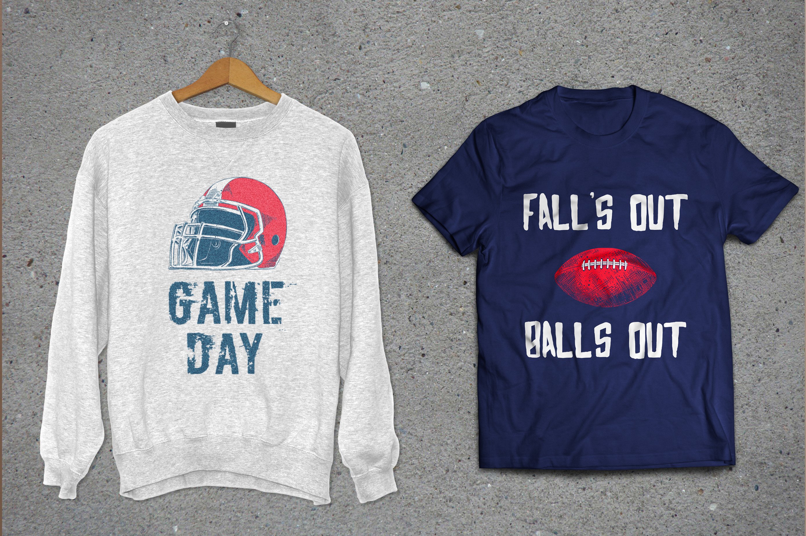 Two t - shirts that say fall is out and game day.
