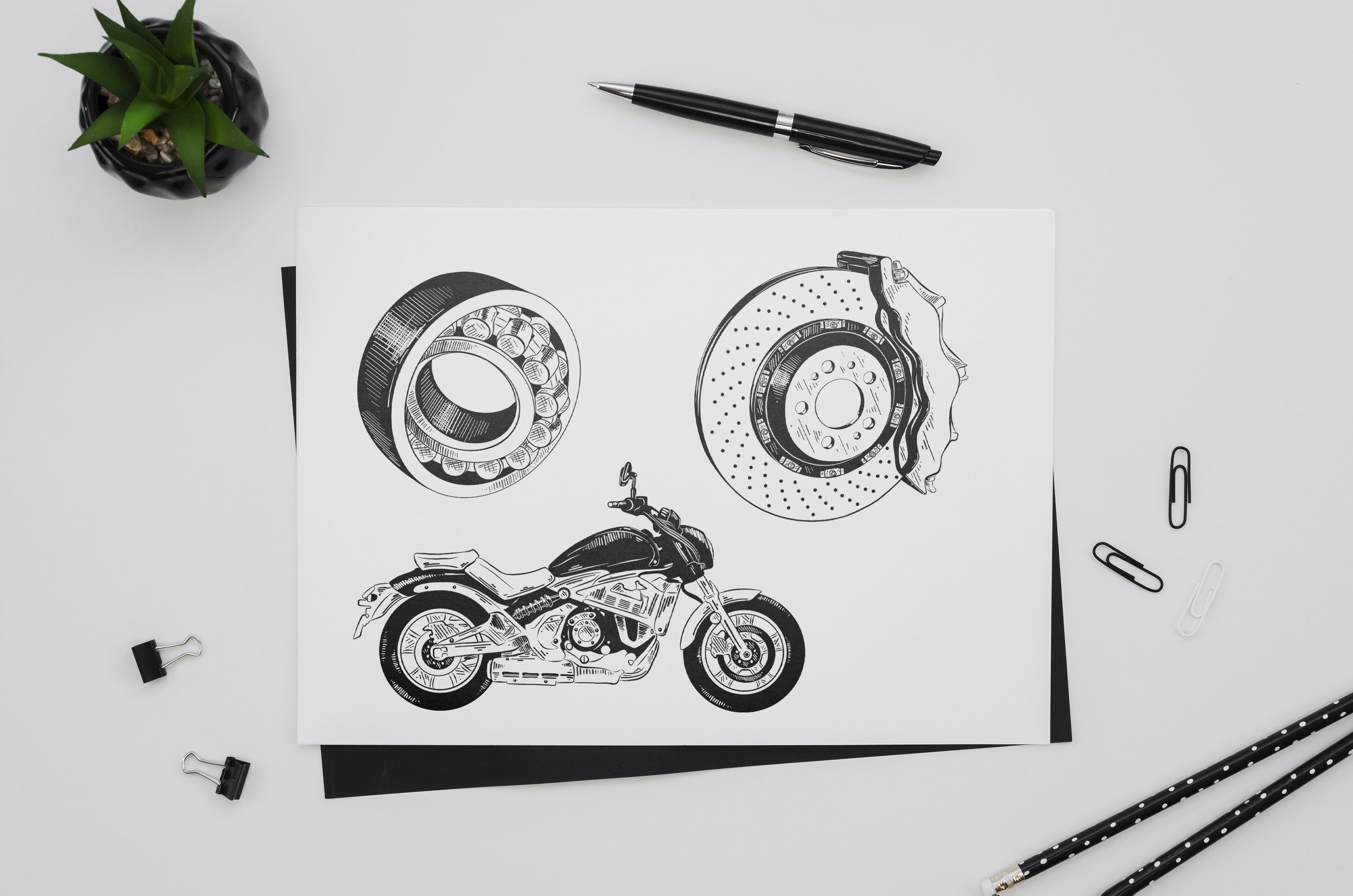 Black and white drawing of a motorcycle.