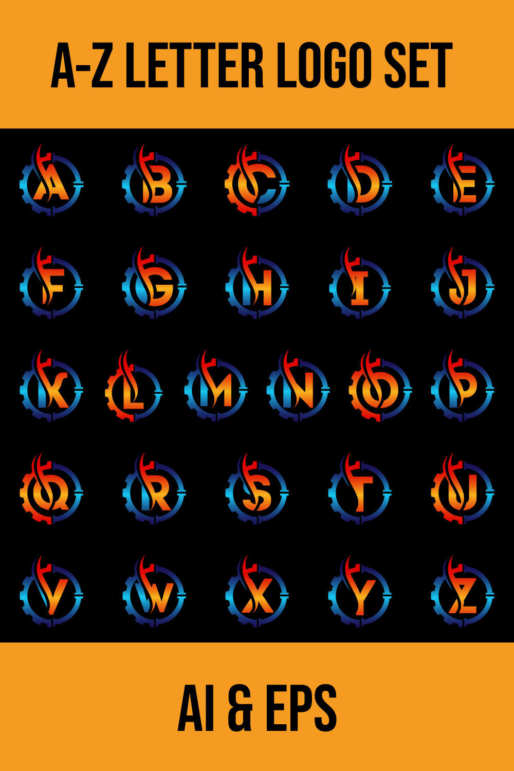 Initial A-Z monogram alphabet with gear pipe and flame Oil and gas logo concept pinterest preview image.