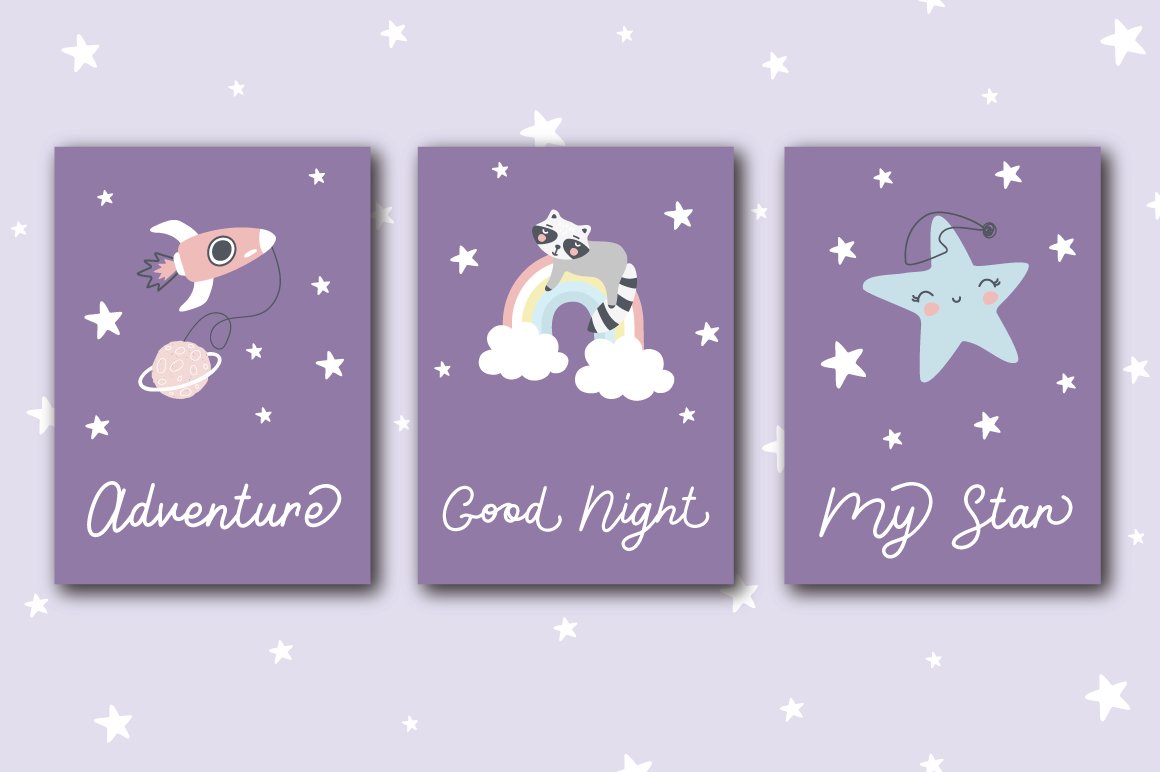 5 cute purple card with racoon rocket rainbow and stars 952