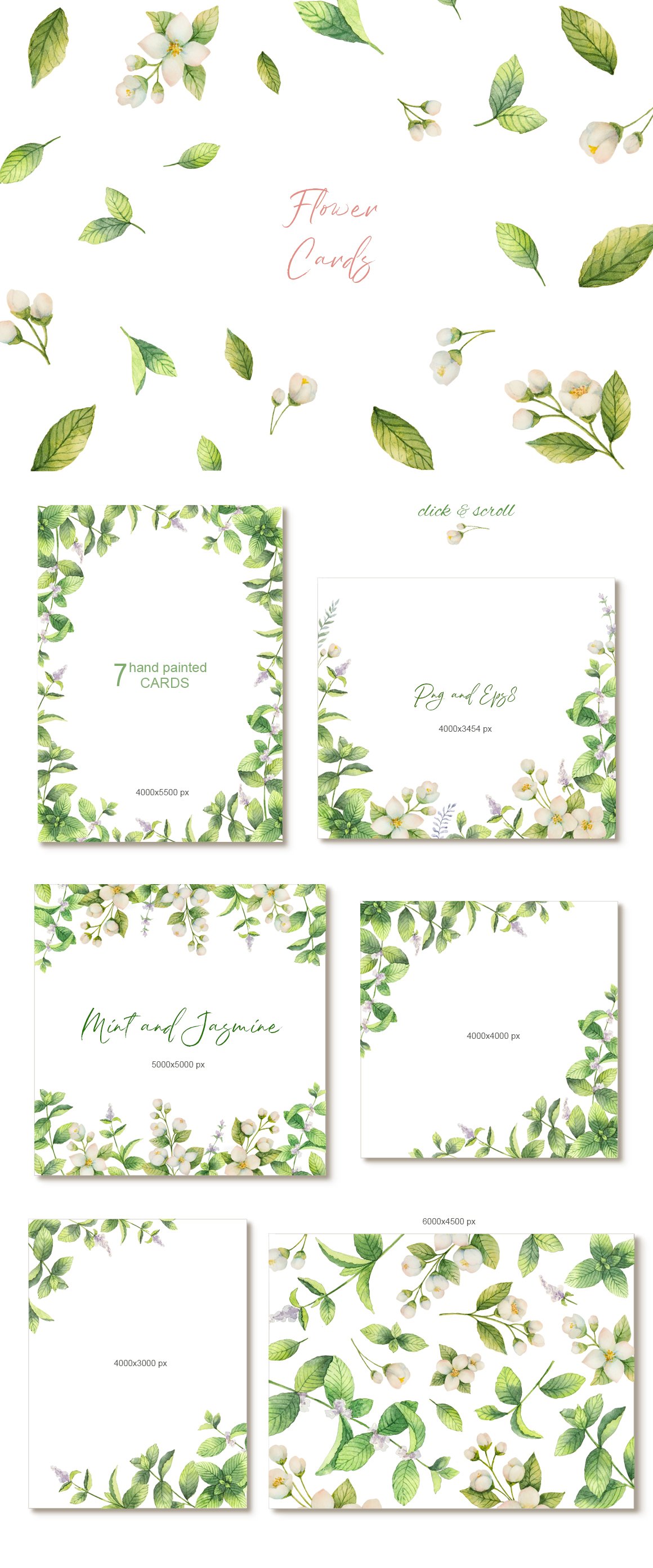 White and green wedding stationery with flowers and leaves.