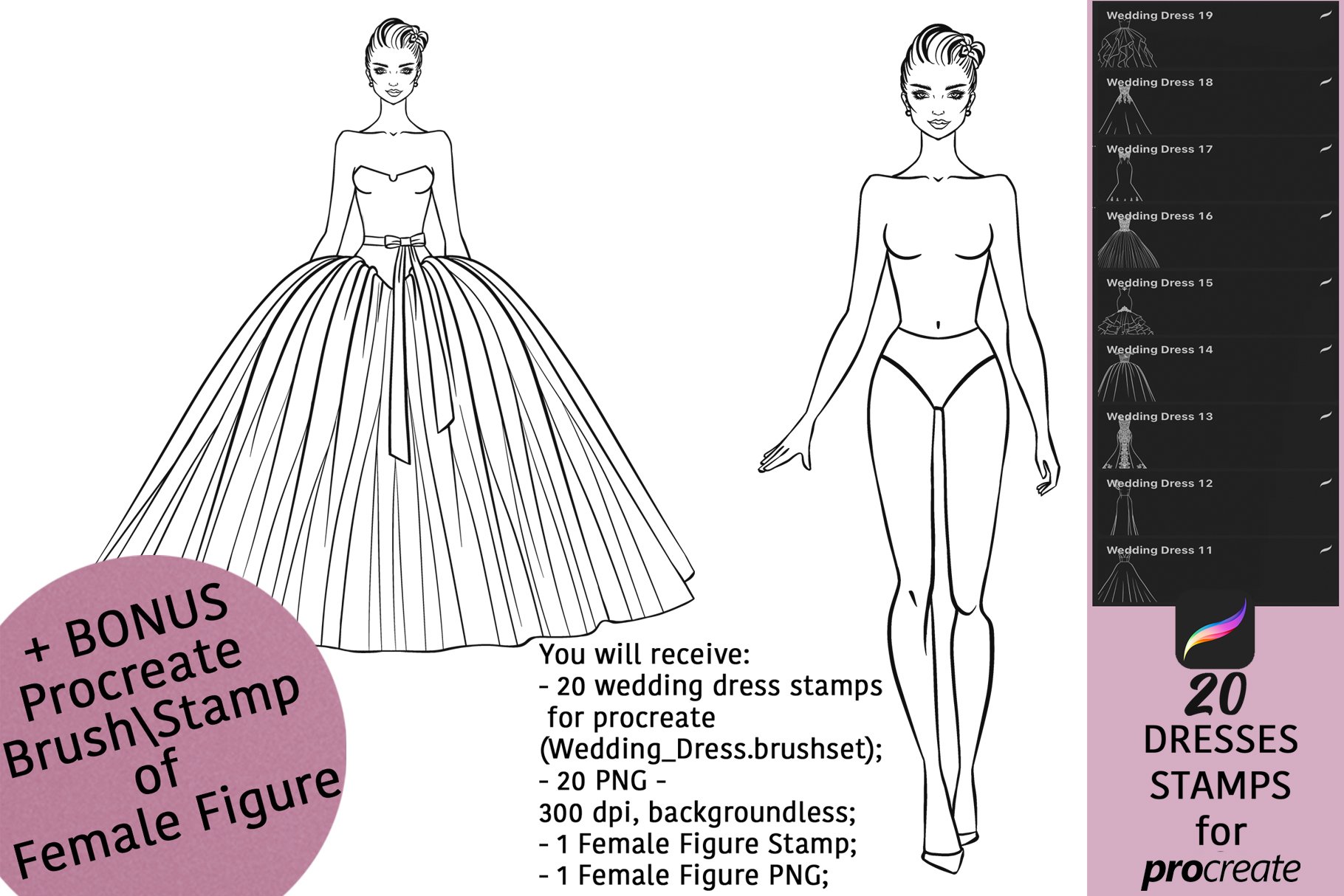 20 Wedding Dresses Procreate Stampspreview image.